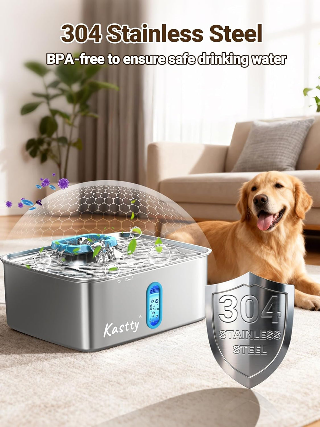 Kastty 3.96 Gal Large Dog Water Fountain,15L Stainless Steel Dog Water Bowl Dispenser with Water Level Window and LED Light,Ultra Quiet Automatic Pet Water Fountain Easy Cleaning(FS78,Blue)