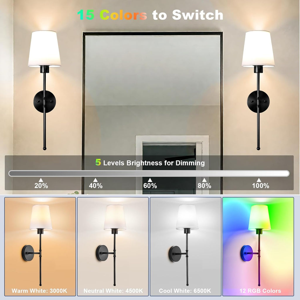 Depuley Battery Operated Wall Sconce: Rechargeable Wall Lamp Set of 2 with Remote and Dimmable Bulb for Home Decor - Wireless Wall Lights with 15 Colors for Bedroom E26 Base Fabric Shade Black