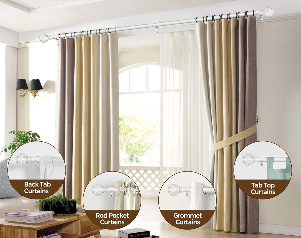 KAMANINA Curtain Rods for Windows 66 to 120 Inch, 7/8 Inch White Heavy Duty Curtain Rod 32 to 120 (2.6-10ft), Adjustable Decorative Drapery Rods with Netted Texture End
