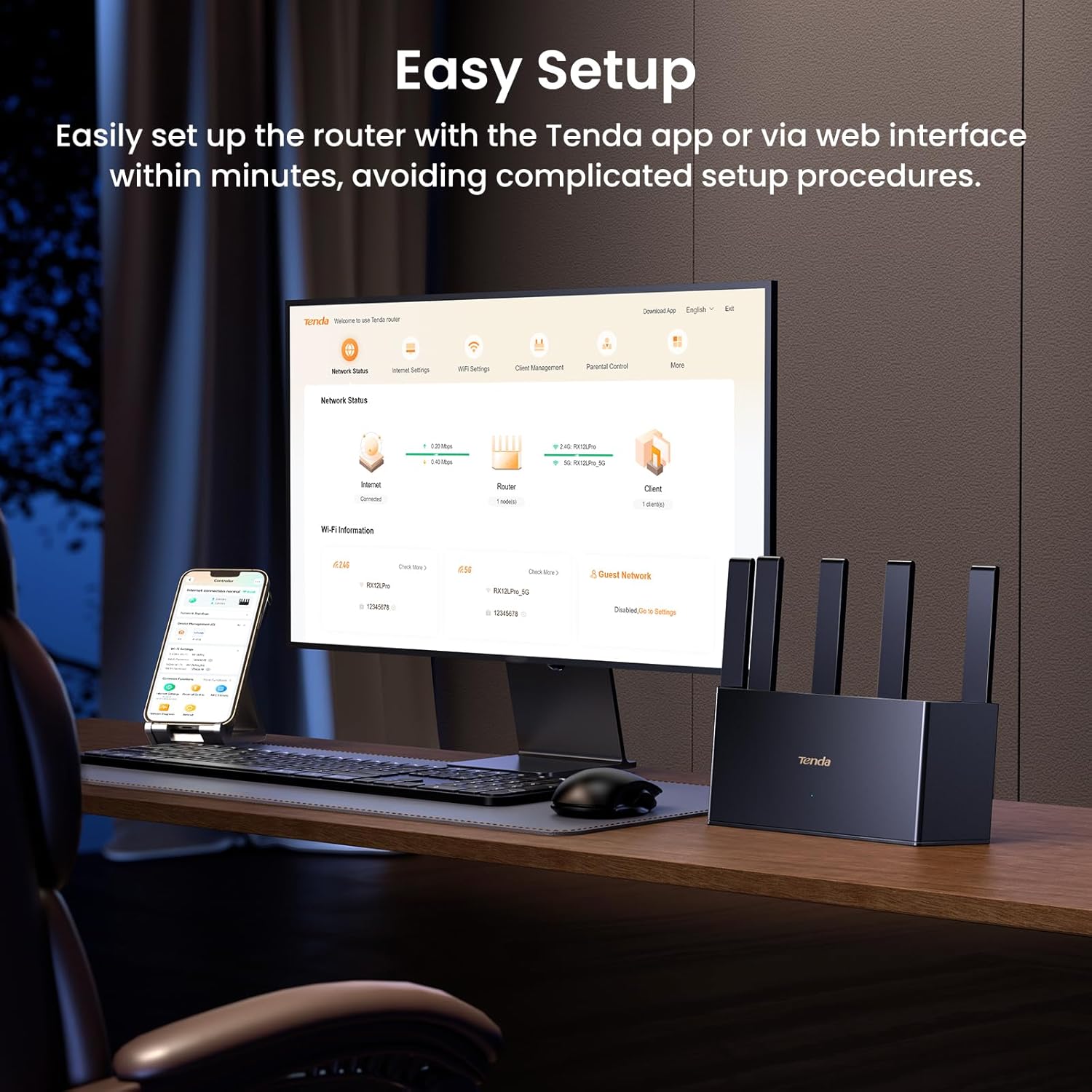 Tenda BE3600 Dual Band WiFi 7 Router (RE3L)– 3x1G Ports, Easy Setup, Security Protect, Parental Control, Access Point Mode, Vertical Design, MLO, VPN, NFC