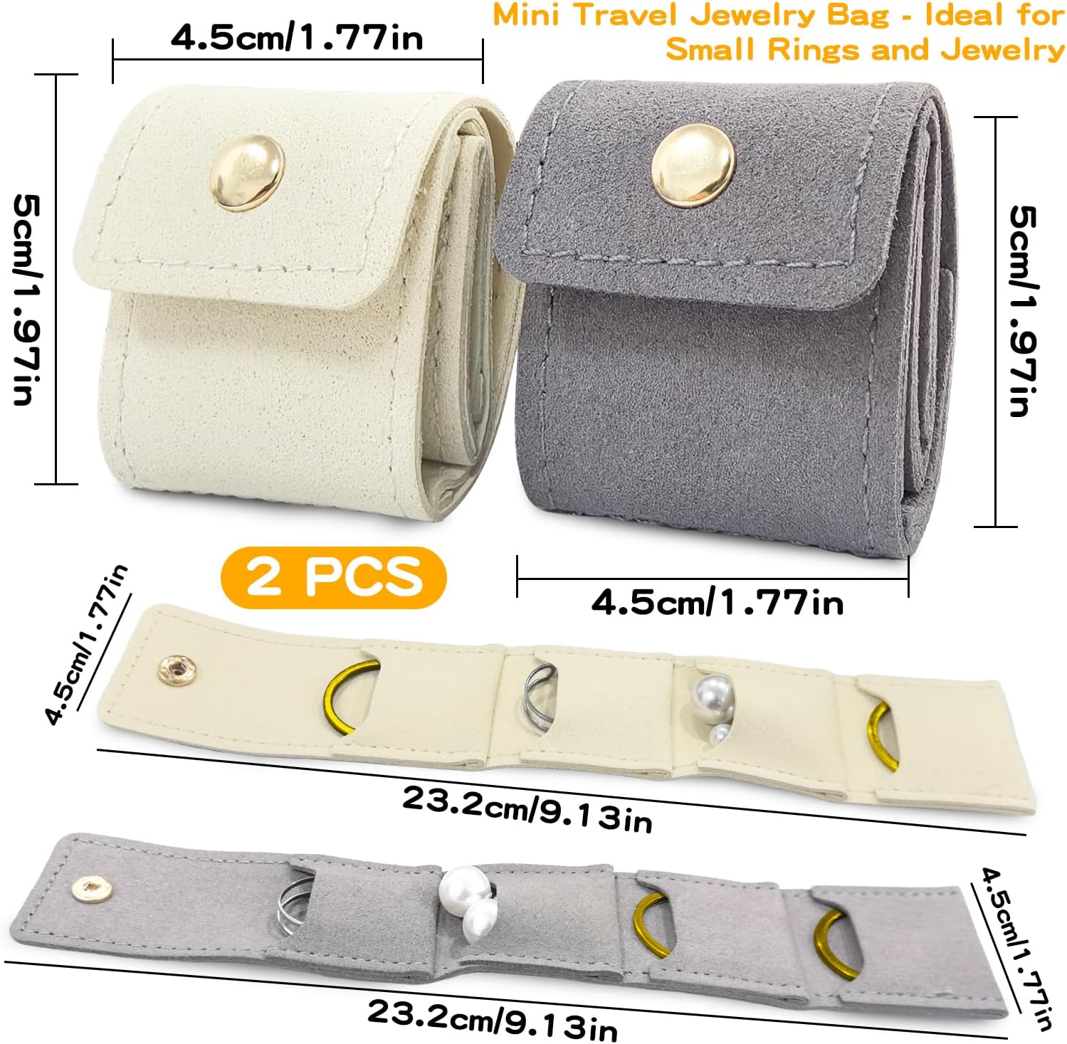 2 PCS Mini Travel Jewelry Bag with Buckle, Portable Foldable Roll Bag for Earrings, Rings, Necklaces and Compact Storage