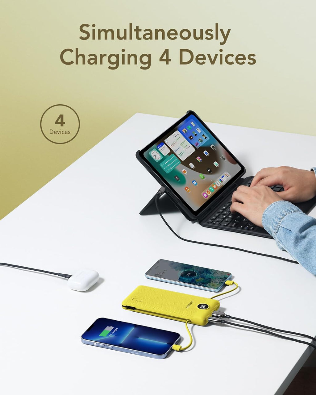 VEGER Portable Charger with Built-in AC Plug and Cables, All in One 10000mAh Ultra Slim Power Bank Travel Essentials, 15W Fast Charging Battery Pack Compatible with iPhone, Samsung, Android (Yellow)