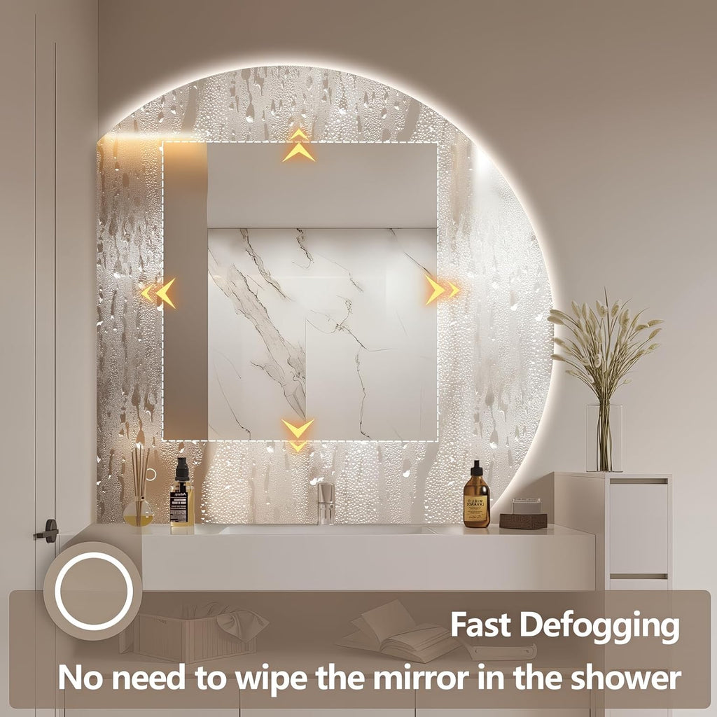 Niccy 40" Semicircular Wall Mounted Frameless LED Mirror, Modern Half Moon Design, Anti-Fog, Shatter-Proof, 3 Color Temperatures, Dimmable Light, Bathroom & Bedroom Use