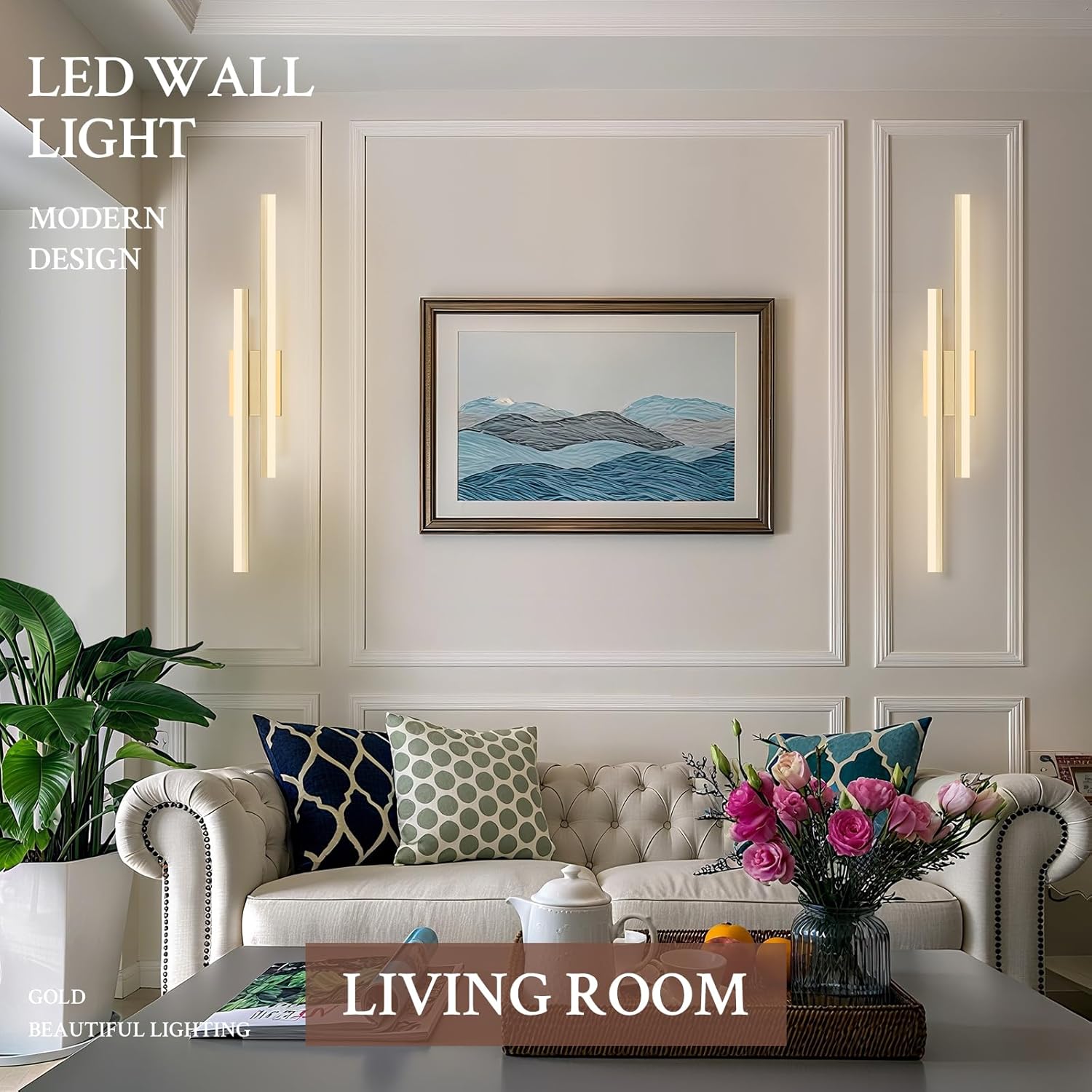 LED Wall Sconce Set of 2 Gold Remote Modern LED Vanity Lights Set of 2 Indoor Wall Light Fixtures for Living Room, Dimmable Wall Sconce for Bedside Bedroom Bathroom, 31.5inch 2 Pack