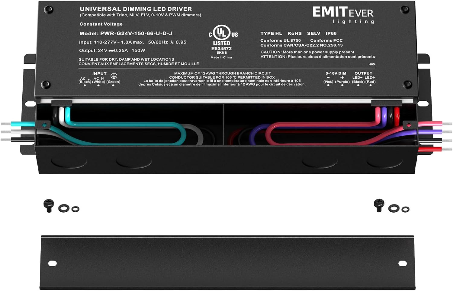 EMITEVER Dimmable Led Driver, 150W AC 110V-277V to DC 24V Transformer, 5-in-1 Dimming: ELV/MLV/TRIAC / 0-10V / 1-10V / 10V PWM/Potentiometer, Waterproof IP67 and UL Listed
