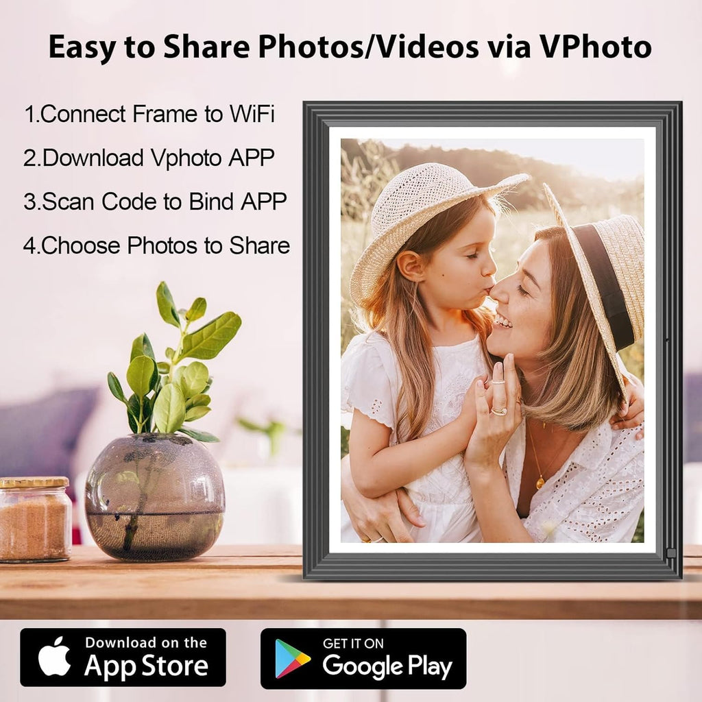 Large Digital-Photo-Frame Wi-Fi Picture Frame - 15" 32GB Smart Photo Frame with Remote Control (No Touch Screen), Full Function, Share Photo Video via App Email, Fee Cloud, Wall Mounted for Home Decor