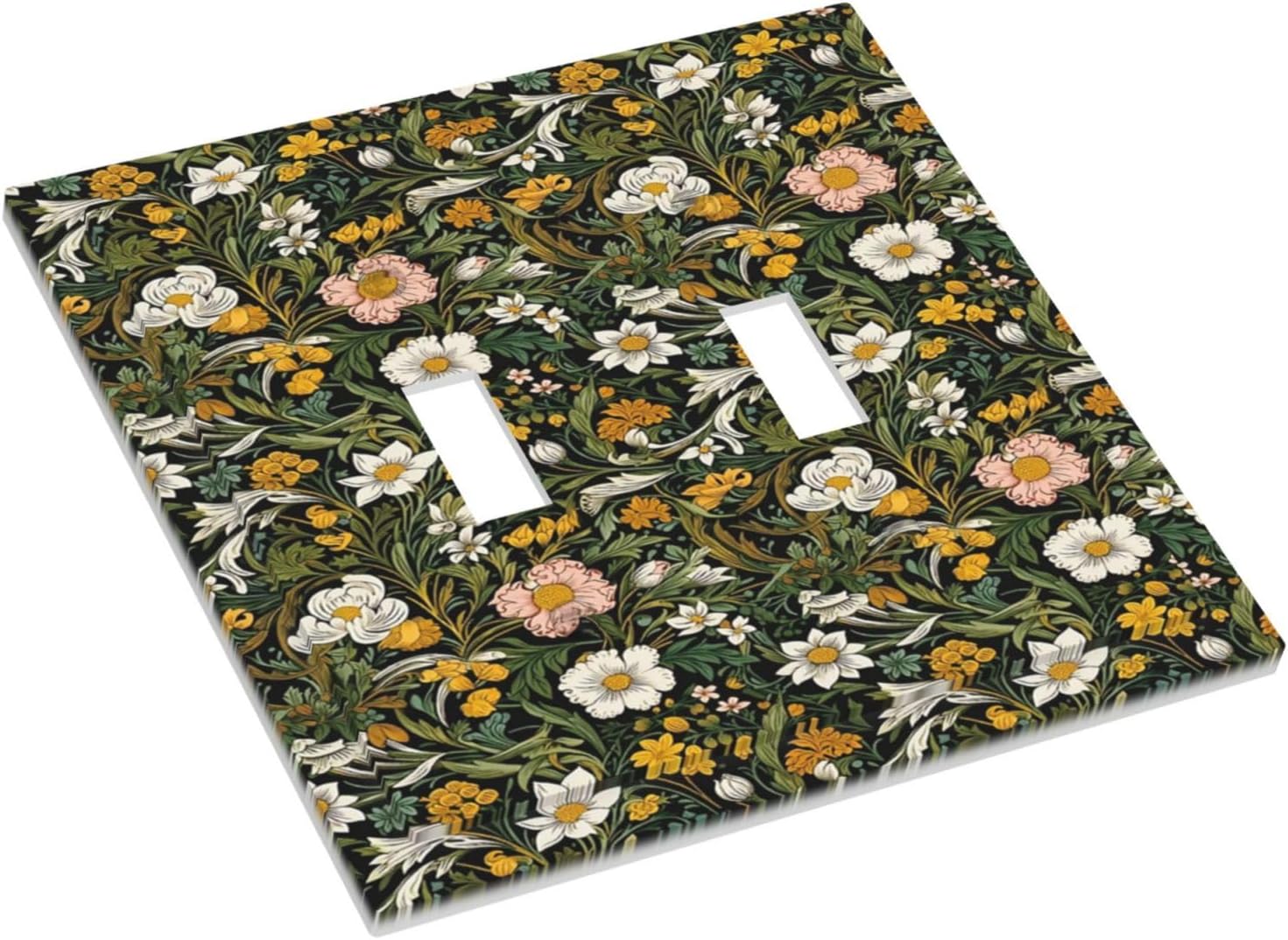 Decorative Light Switch Plate Covers Rustic Green Leaf White Daisy Yellow Floral 2 Gang Light Switch Cover Plate Unique Double Toggle Wall Plate Outlet Covers Faceplate for Bedroom Decor