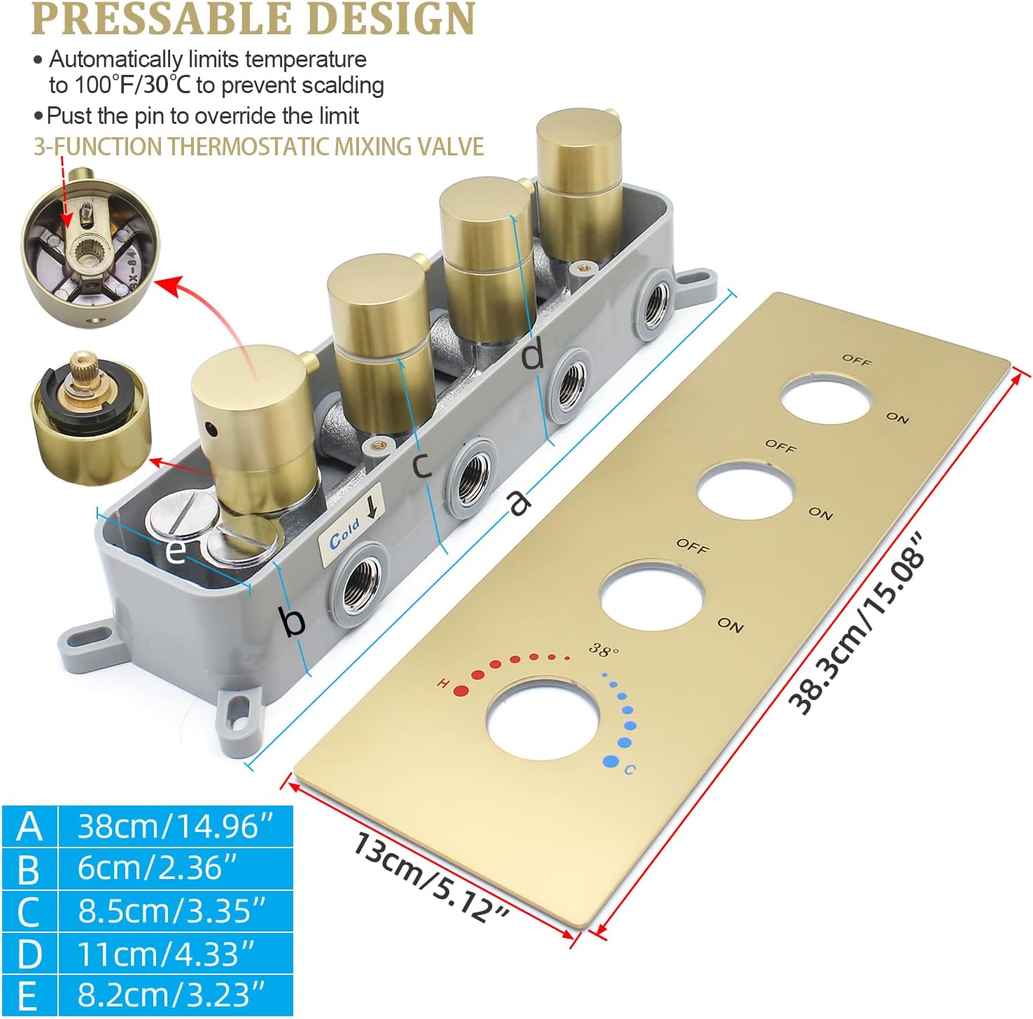 Thermostatic 3 Way Shower Diverter Valve, Modern Bathroom Concealed Brass Mixer Mixing Faucet Valve Kit Single Handle Control Flow Can Use At The Same Time, Brushed Gold