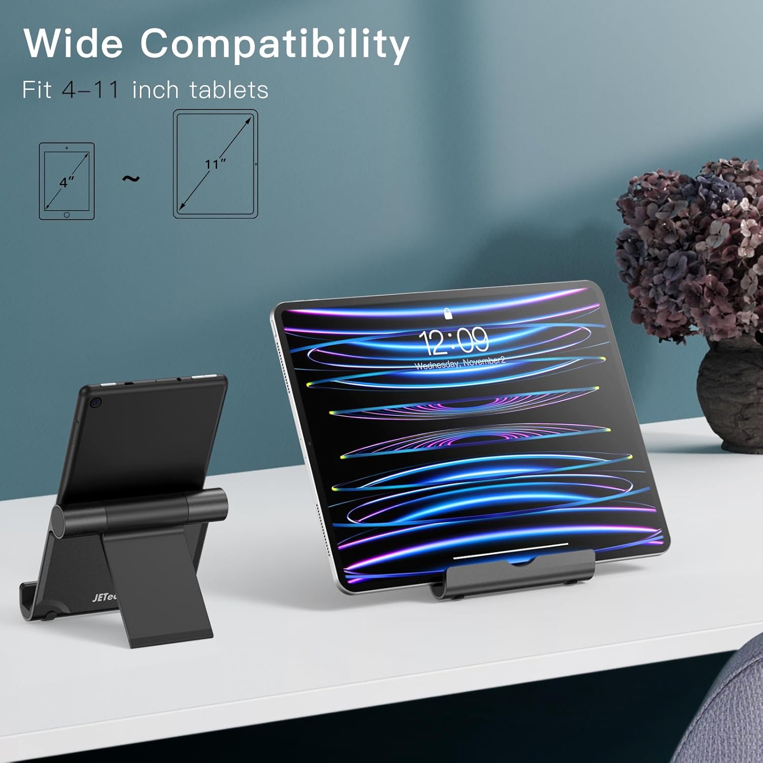 JETech Tablet Stand, Adjustable Portable Desktop Holder, Foldable Dock for iPad/iPad Pro/Air/Mini, Galaxy Tab A8/A7 Lite/A7/S8/S7, Kindle, Tab/Phones(4-11"), Black