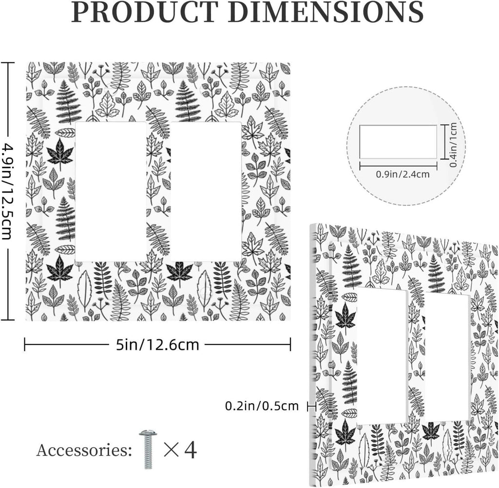 Black White Leaf Wheat Maple Leaf Plant Decorative Outlet Covers 2 Gang Double GFCI Rocker Light Switch Cover Plate Electrical Wall Panels for Bedroom Bathroom Decor