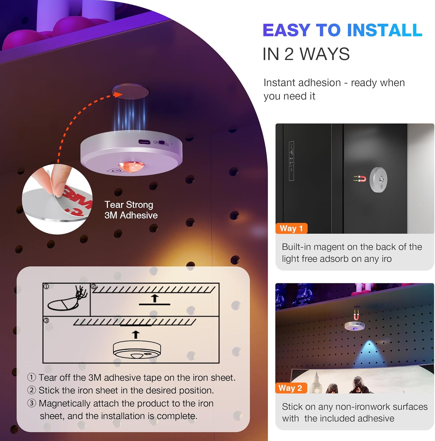 RGB Puck Lights with Remote Control, 2000mAh Battery Operated Tap Lights Rechargeable, 9 Colors & 2 Dynamic Changing Under Cabinet Lighting, Magnetic Stick on Light for Closet(Silver, 5 Pack)