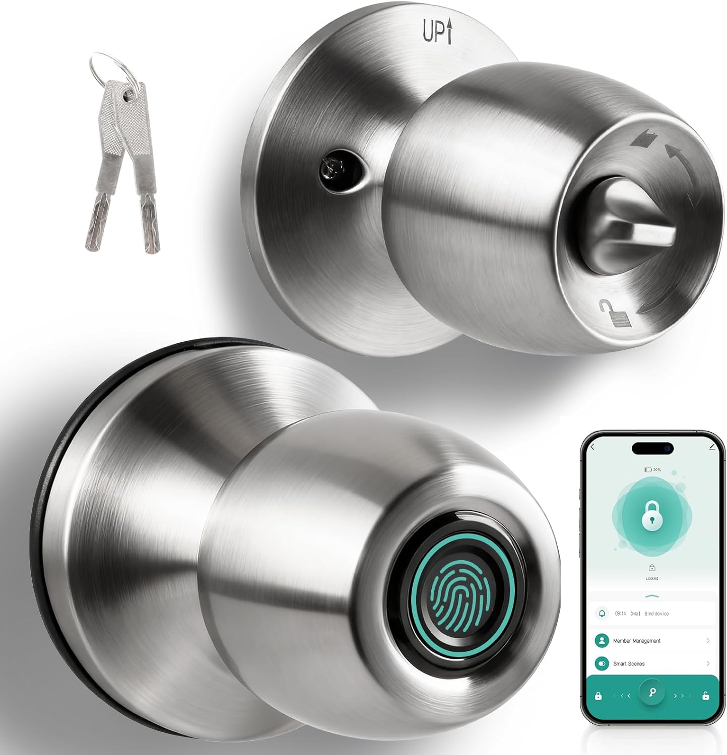 Fingerprint Smart Door Knob, Biometric Keyless Entry Door Lock with App Control & Backup Keys, Thumbprint Round Door Lock, Suitable for Home, Bedroom, Office, and Apartment Sliver
