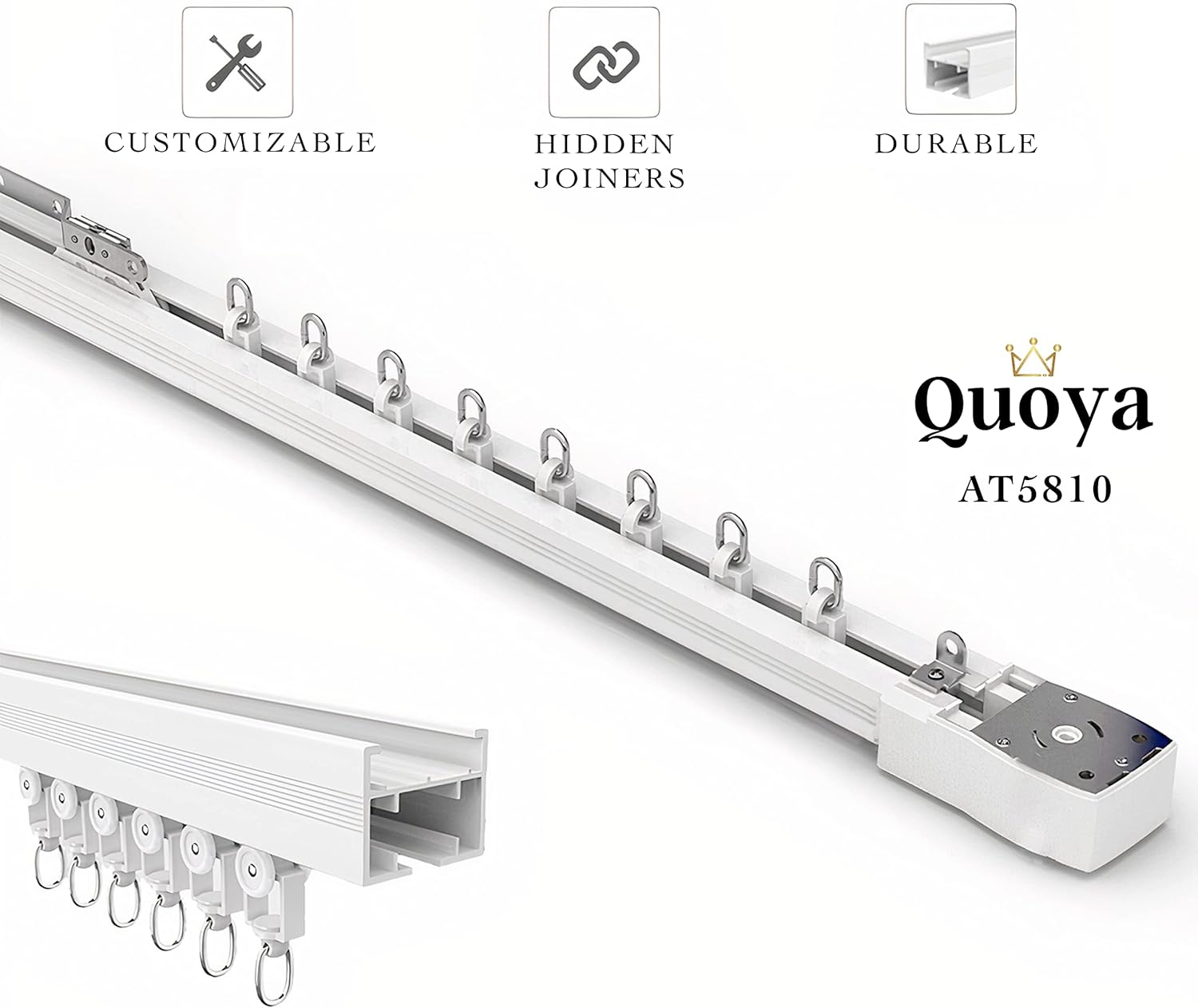 Quoya Smart Electric Curtain Track AT5810【Up to 3m(118in) - Motorised and Adjustable 】, with Automated Rail Motor with App, Voice, Remote Control, Compatible with Alexa, Google and Siri