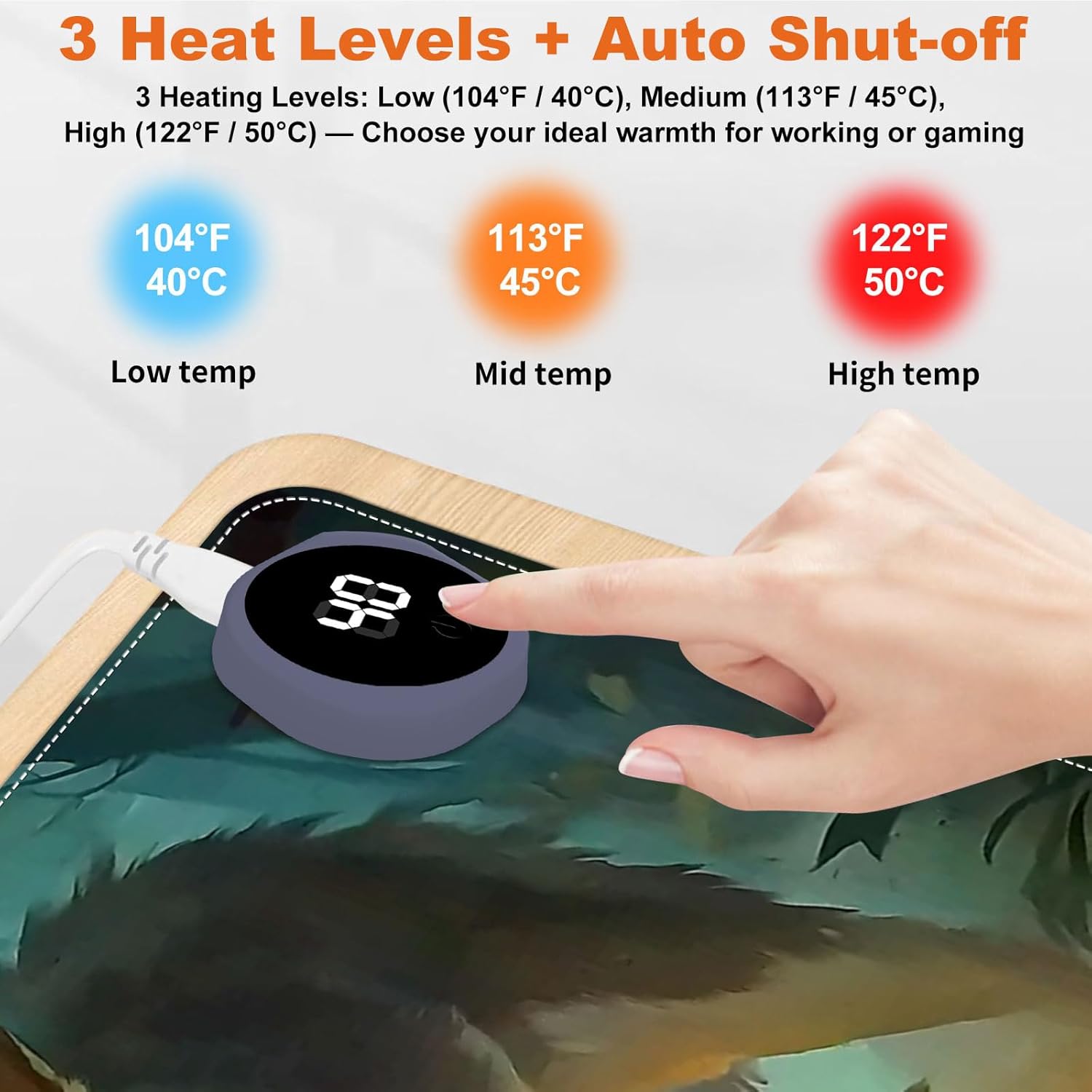 Small Heated Desk Pad 23.6" x 14.2" – Compact Electric Mouse Pad with 3 Heating Levels, Auto Shut-Off, Waterproof PU Surface, Plug-in Warmer for Office or Home Use, Forest Wolves