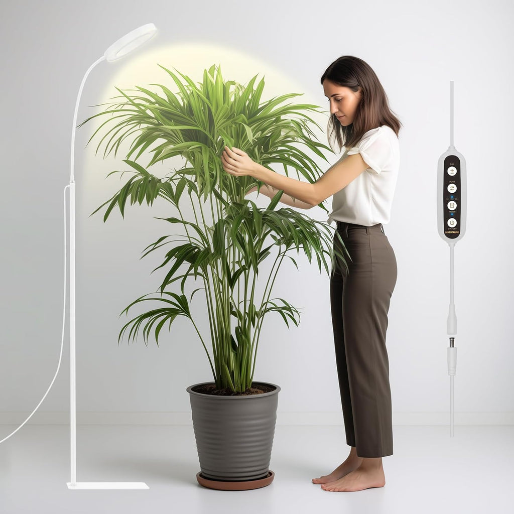 GLOWRIUM Grow Lights for Indoor Plants,20W Full Spectrum LED Plant Light with Stand,Adjustable Height,3/9/12H Timer,6 Dimmable Levels & 3 Lighting Modes (White-Single Head)