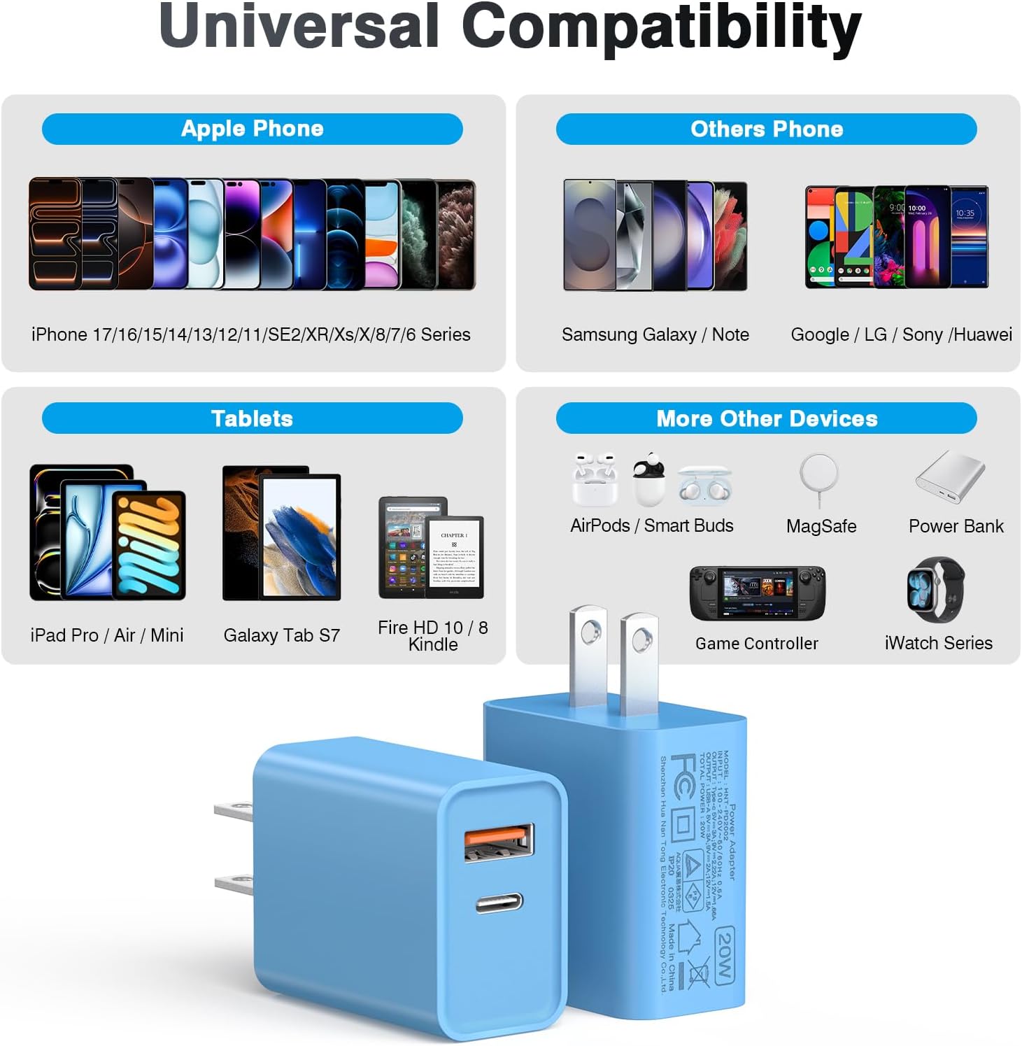 [20W/2Pack] Fast Charger Block, USB C Wall Charger, Charger Cube, Dual Port PD Fast Charging Block Brick Compatible for Watch Series 10 iPhone 16 17 Pro Max Airpod Brick Plug Power Adapter, Blue