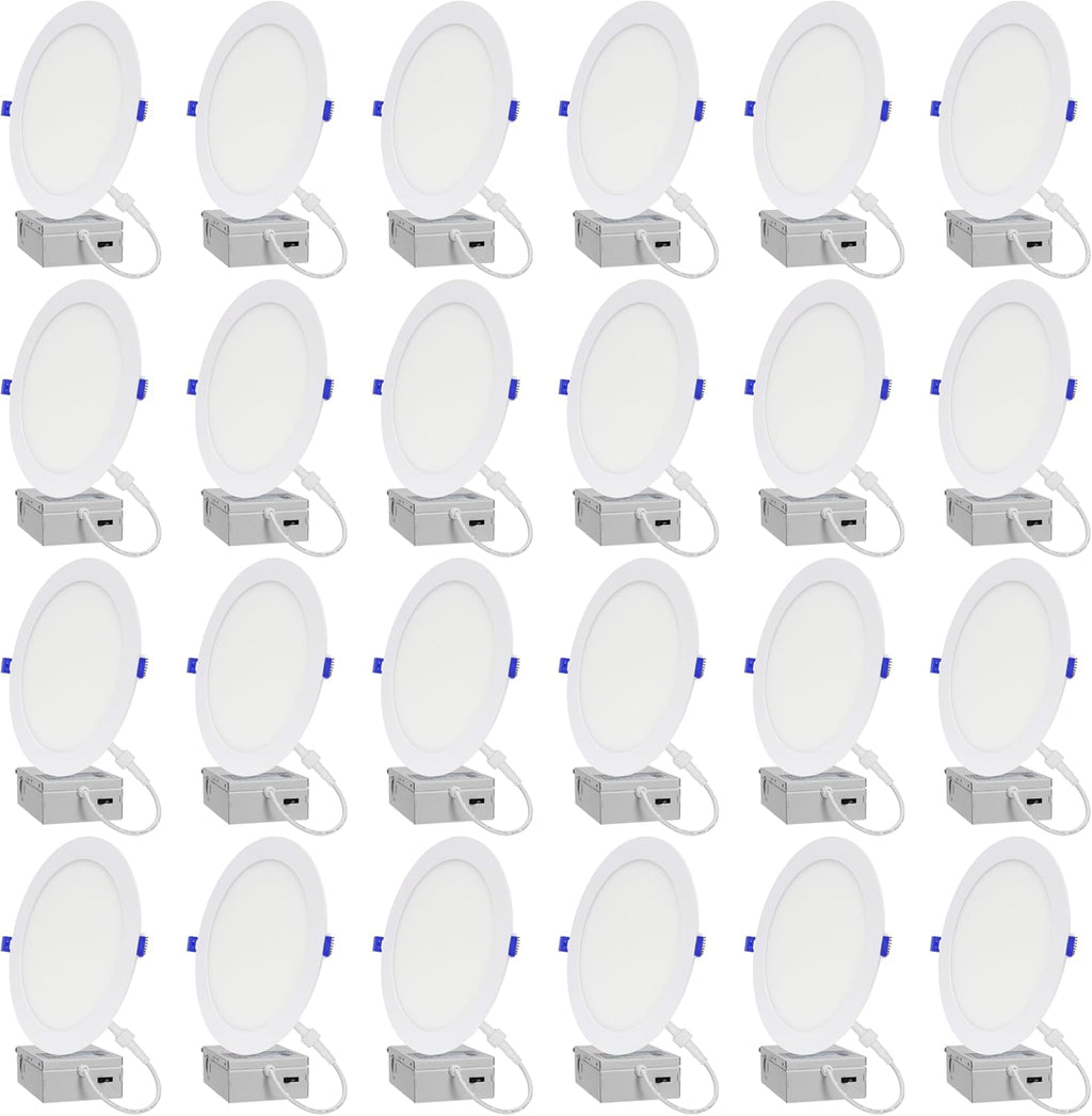 LAMPHOME 24-Pack of 8-Inch Slim LED Recessed Lights with Junction Box, Adjustable Color Temperatures (2700K-5000K), 18W Equivalent to 125W, Dimmable, 1600LM Brightness - ETL and Energy Star Certified