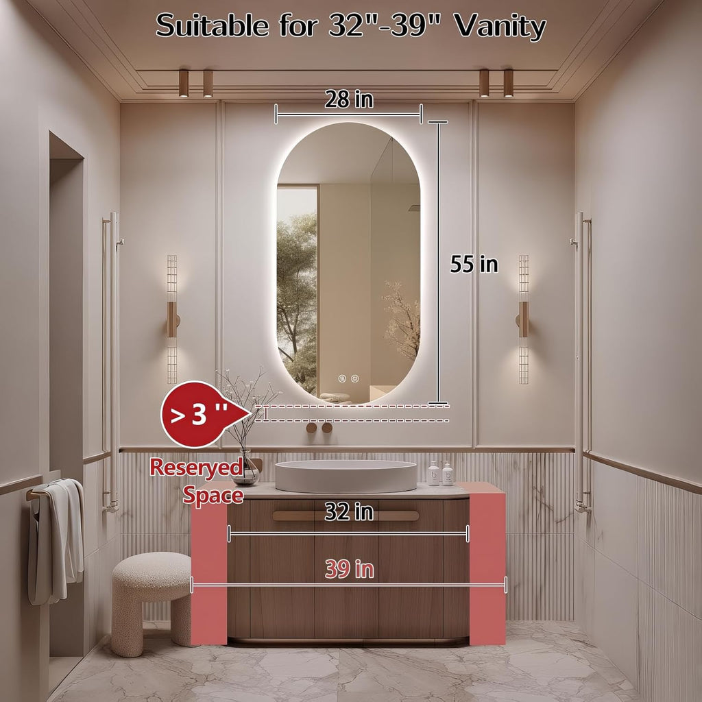 55"x28" Oval Led Bathroom Mirror with Lights, Frameless Backlit Vanity Mirror for Wall, Anti Fog Smart Mirror with 3 Colors Stepless Dimmable, Waterproof, Explosion-Proof, Vertical/Horizontal