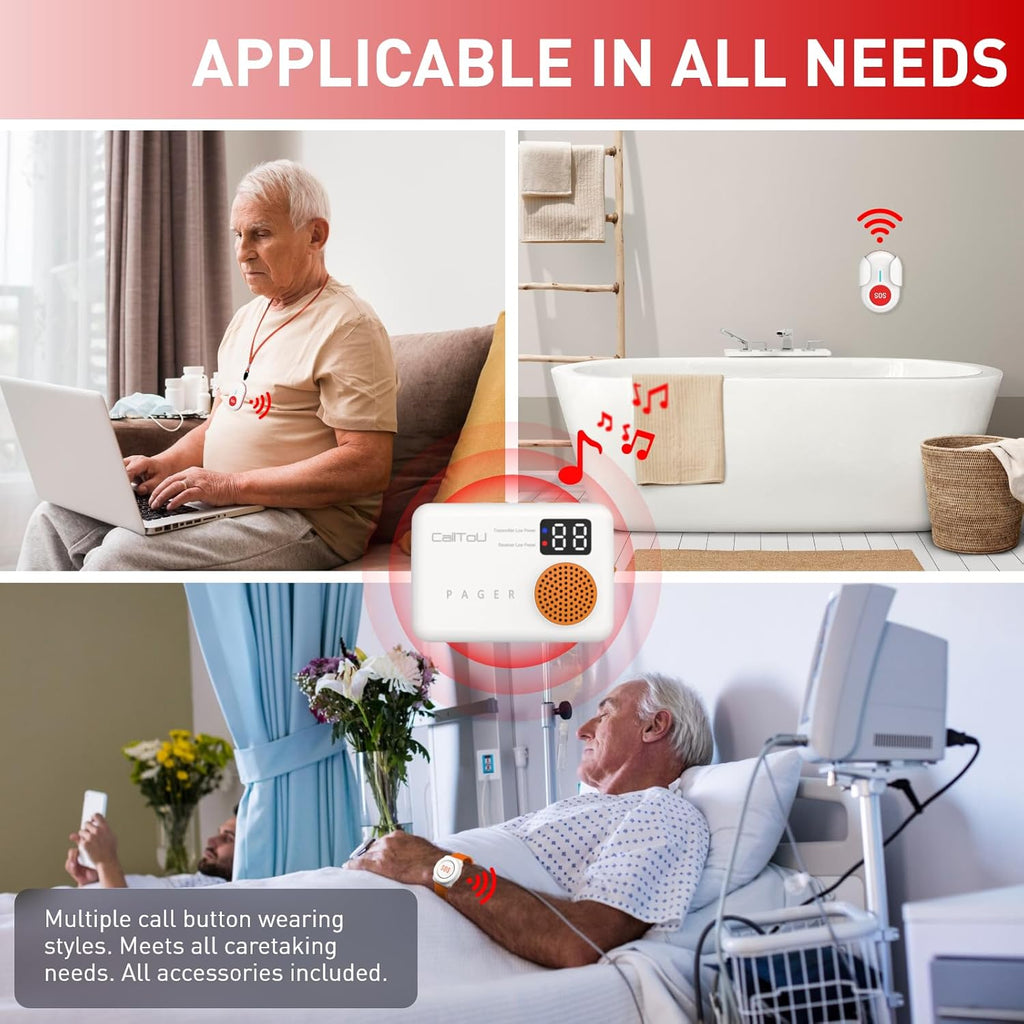 CallToU Caregiver Pager Wireless Wristband Call Buttons Elderly Monitoring SOS Alert System Pager for Elderly with Vibrate Digital Display Nurse Call Bell for Seniors/Patients Panic Emergency Bell