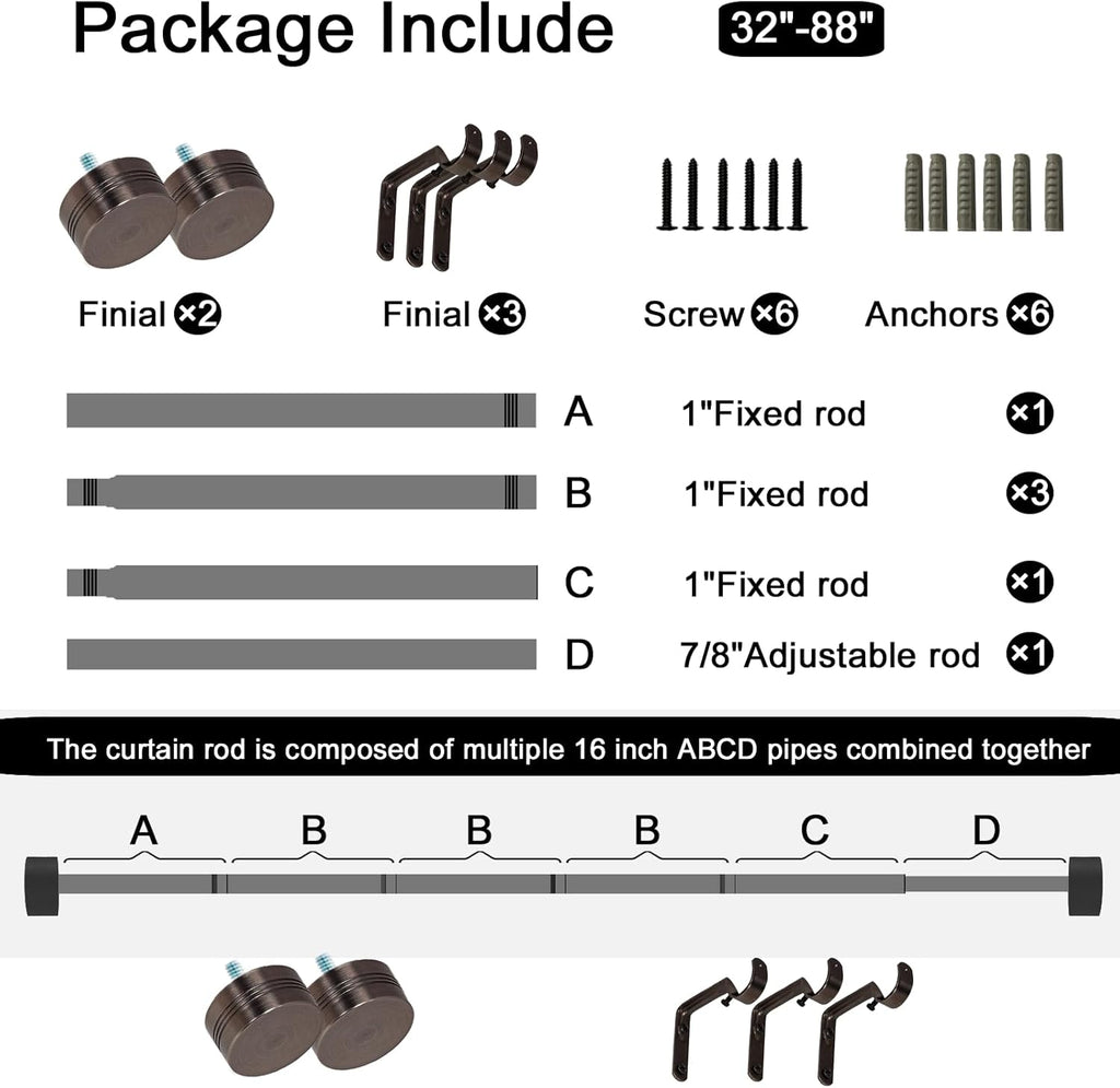 Adjustable Curtain Rods-18 to 88 Inches,1 Inch Modern Metal Drapery Rods, Adjustable Heavy Duty Curtain Pole with Simple End Caps