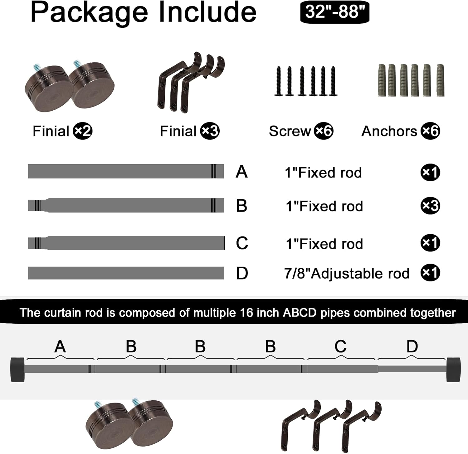 Adjustable Curtain Rods-18 to 88 Inches,1 Inch Modern Metal Drapery Rods, Adjustable Heavy Duty Curtain Pole with Simple End Caps