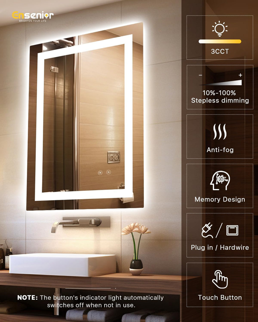 Ensenior LED Bathroom Mirror 24"x 32" with Front and Backlight, Stepless Dimmable Wall Mirrors with Anti-Fog, Shatter-Proof, Memory, 3 Colors, Modern LED Vanity Mirror-ETL & FCC