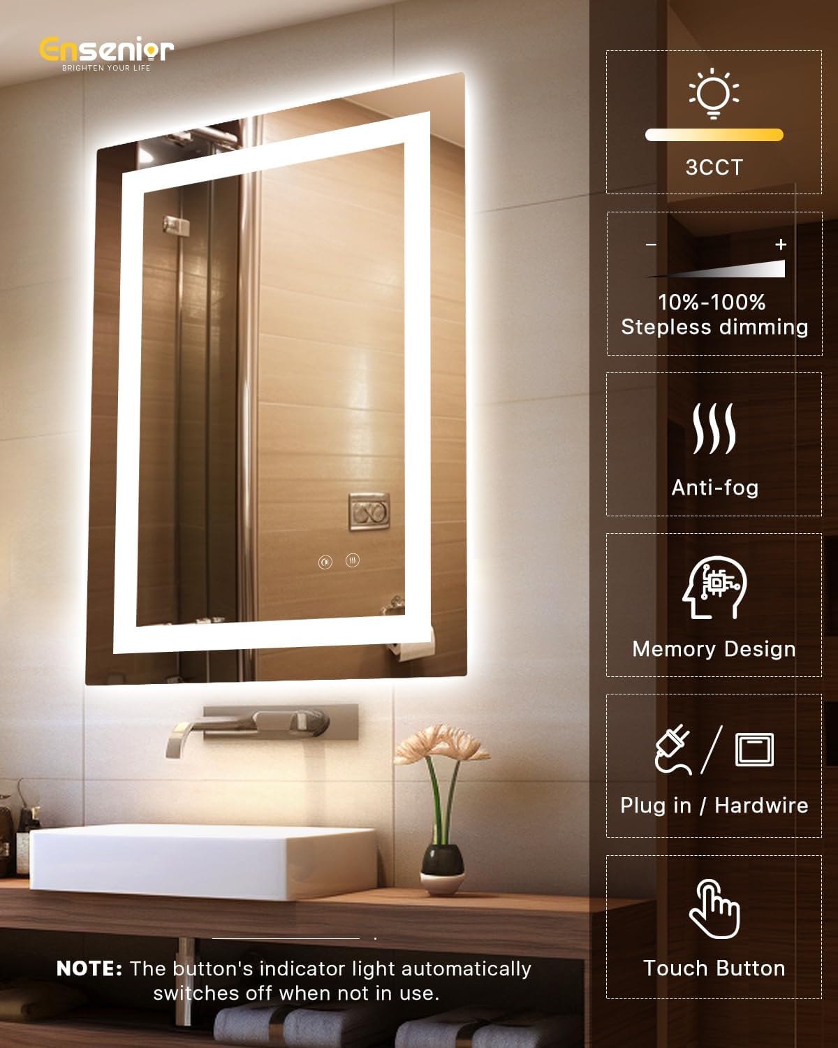 Ensenior LED Bathroom Mirror 24"x 32" with Front and Backlight, Stepless Dimmable Wall Mirrors with Anti-Fog, Shatter-Proof, Memory, 3 Colors, Modern LED Vanity Mirror-ETL & FCC