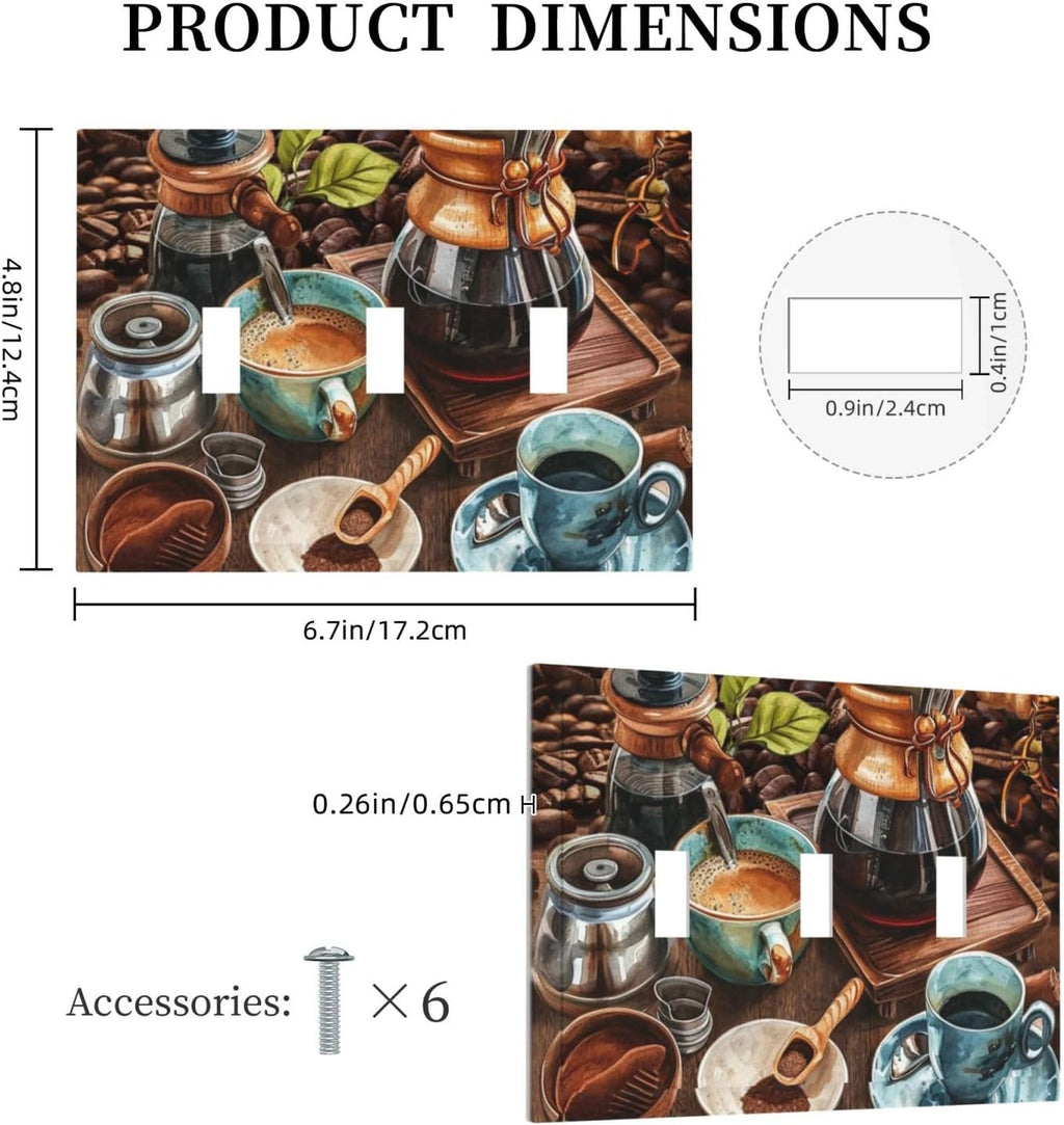 Decorative Light Switch Cover Plate Retro Coffee Maker Beans Cup 3 Gang Wall Plate Oversized Triple Toggle Switch Cover Plate Jumbo Faceplate for Kirchen Home Decor