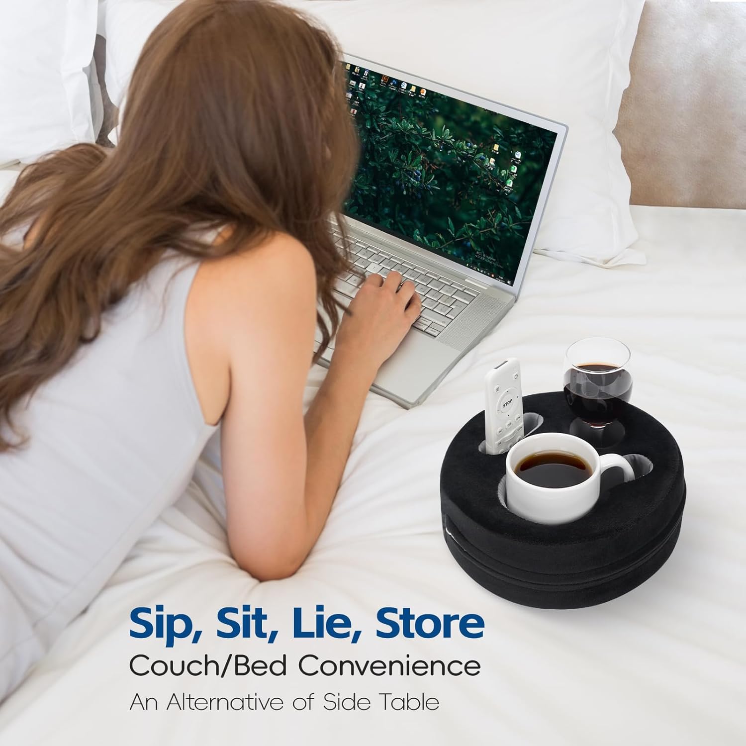 G GOOD GAIN Couch Cup Holder Pillow, Cute Sofa Drink Cup Holder Cozy Buddy | Desk Organizer for Mugs, Snacks, Phone, Makeup | Bed Caddy Tray for Car, Beach, Picnic, Boat, RV, Table (Black)