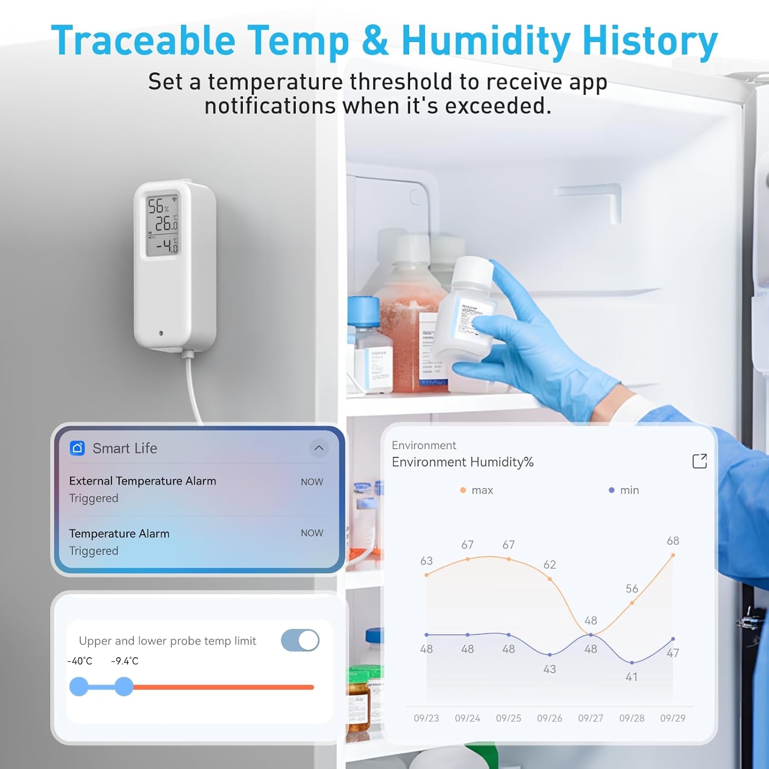 Daytech Freezer Thermometer with Room Thermometer and Freezer Alarm 2in1 WiFi Temperature Sensor with App and Email Alerts for Fridge Fish Tank Pet Cage Wine Cellar Greenhouse 1 Pack (No Hub Required)