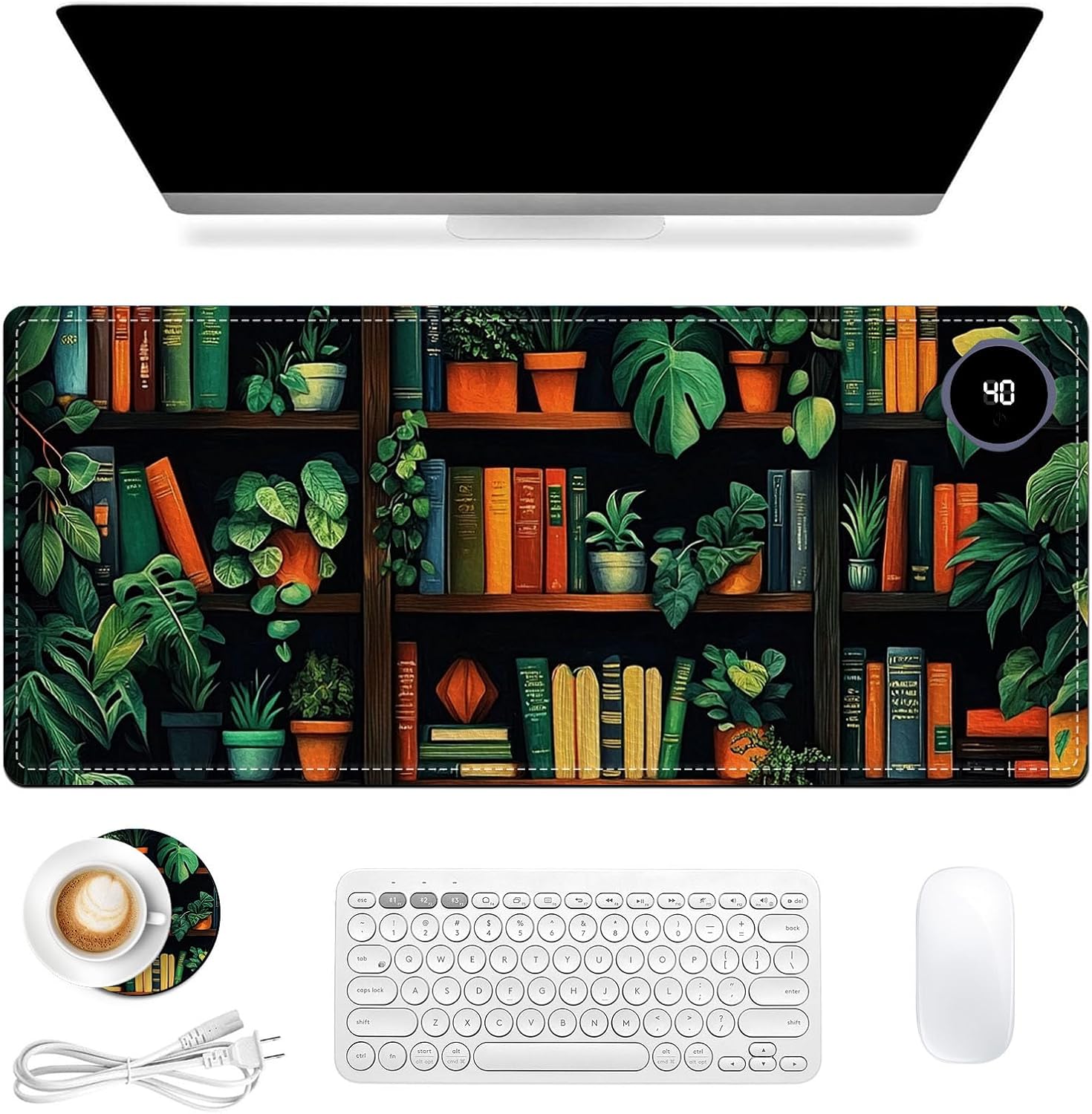 Heated Mouse Pad 31.5x13 in 3-Temp Fast Heating Desk Mat with Auto Timer Warmer for Hands Wrist Pain Relief Waterproof Keyboard Mat for Office, Gaming, Home, Bookshelf Jungle