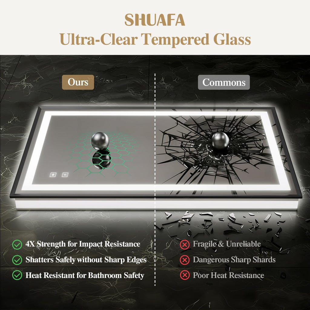 72X40 Inch LED Bathroom Mirror with Lights, Black Frame Frontlit+ Backlit Bathroom Vanity Mirror for Wall, Ultra-Clear Tempered Glass, Shatter-Proof, Anti-Fog and Memory Function, ETL Listed
