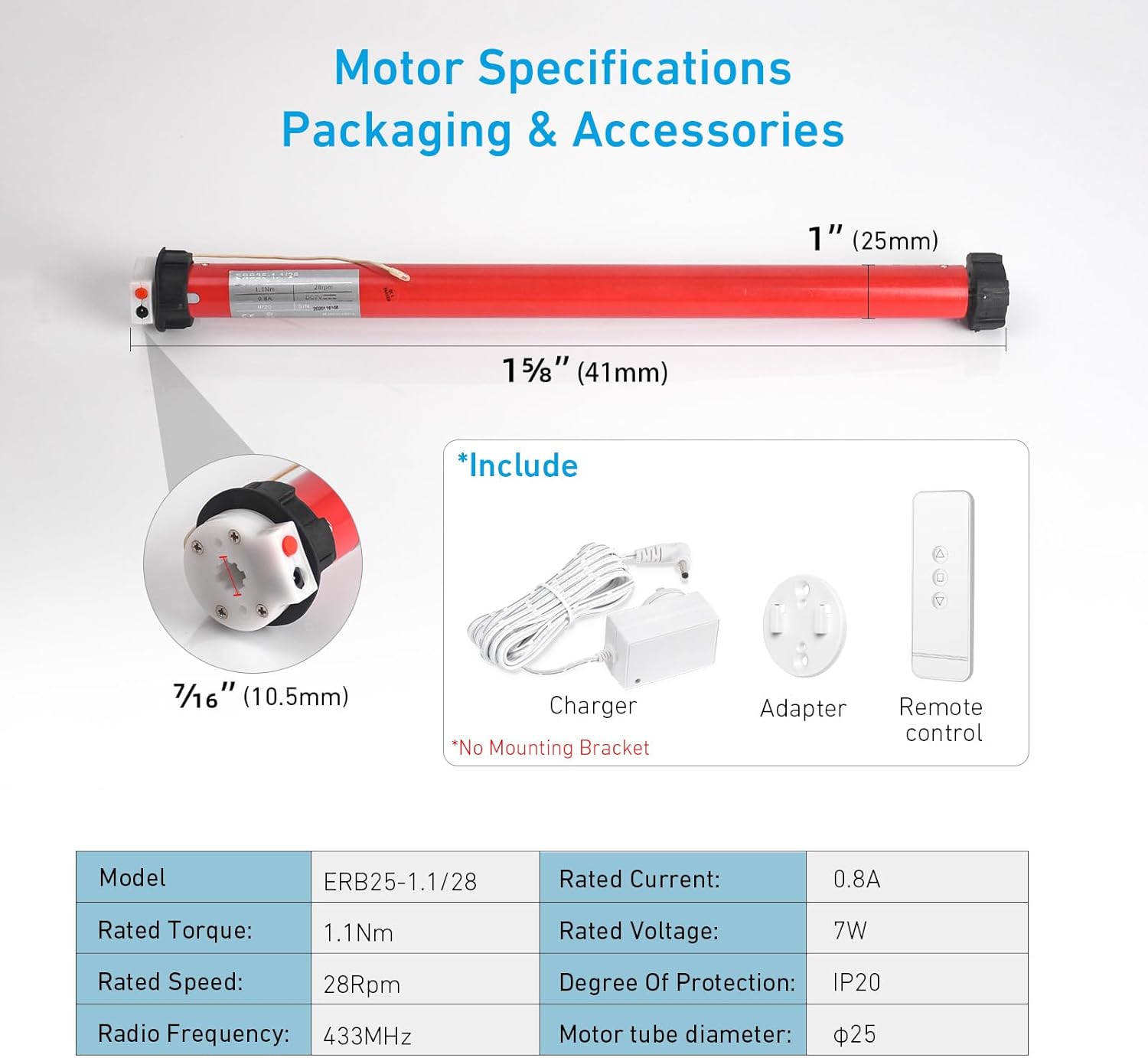 Rollerhouse Rechargeable Wireless Tubular Roller Shade Motor Kit, with Remote Control for Motorized Electric Roller Blind Shades, 1.5 inch Tube