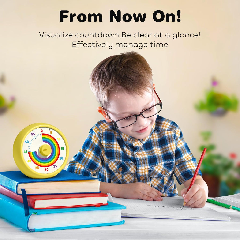Visual Timer for Kids, 60-Minute Countdown Timer for Classroom Office Kitchen, Desk Timer Kids Time Management Tools with Silent Operation, Pomodoro Time Rainbow Pattern (Yellow)