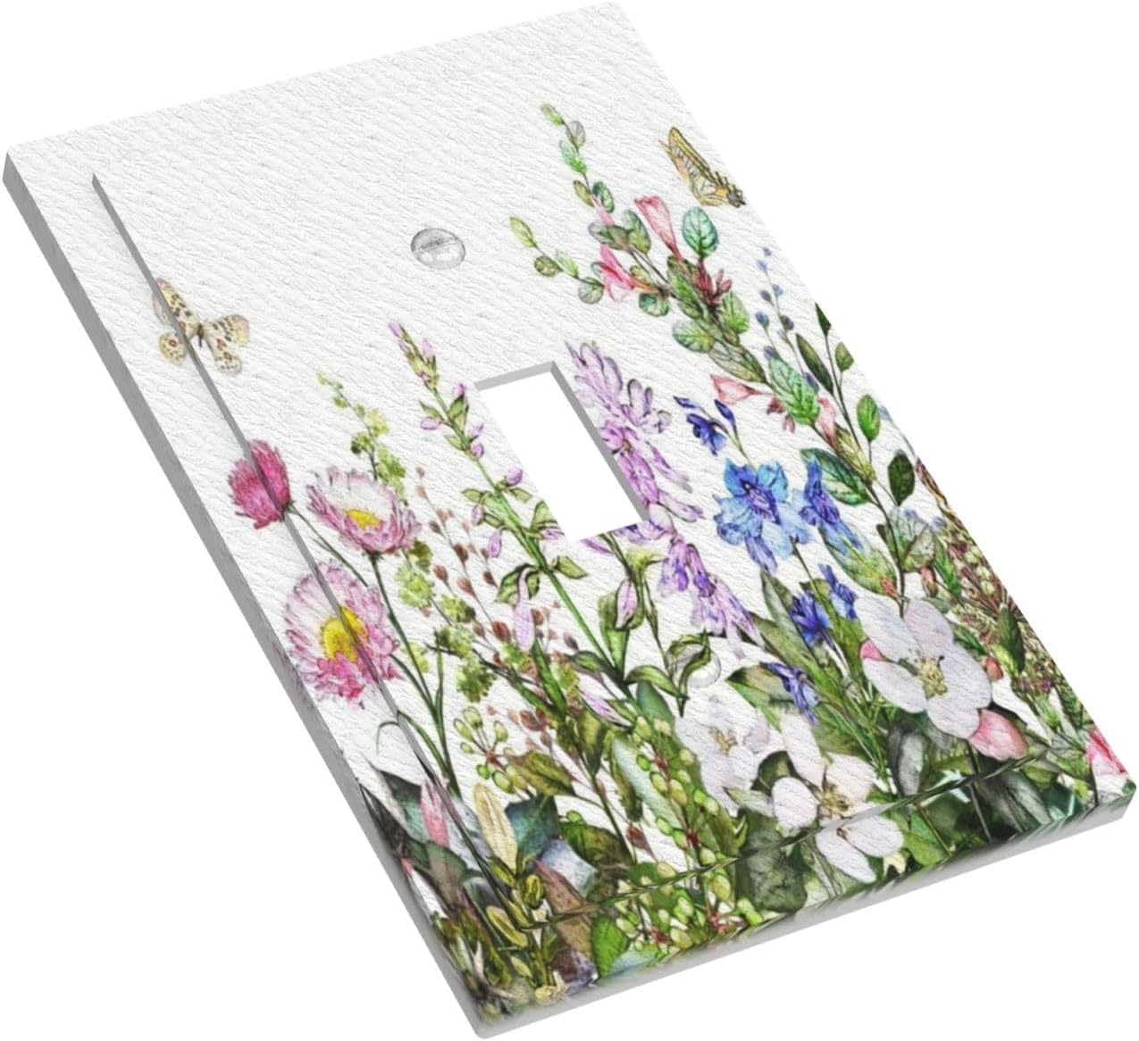 Boho Colorful Wildflowers Butterfly Green Plant Leaf 1 Gang Light Switch Covers Single Toggle Wall Plate Decorative Switchcover Electrical Switchplate for Country Bathroom Bedroom Decor
