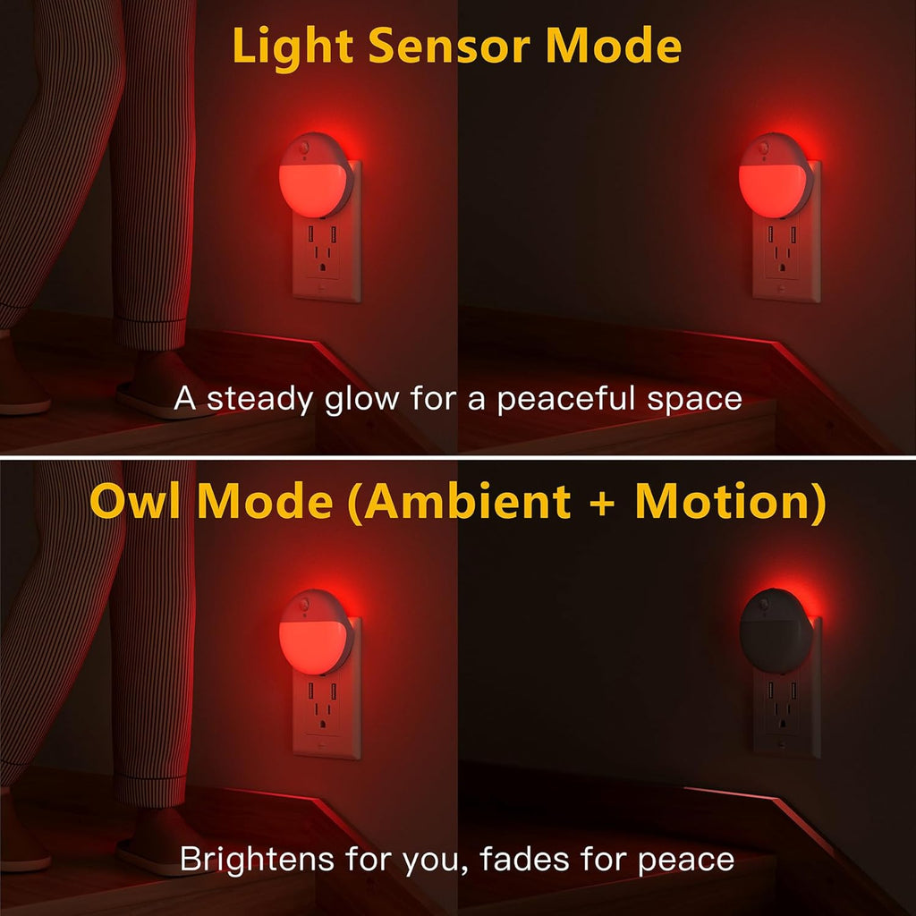 2 Pack Plug in Red Sleep Night Light with Motion Sensor and Dusk to Dawn Sensor, 3 Modes, Soft Glow, Stepless Dimming, LED Lights for Bedroom, Sleep, Baby Nursery, Kids, Toddler, Home Decor