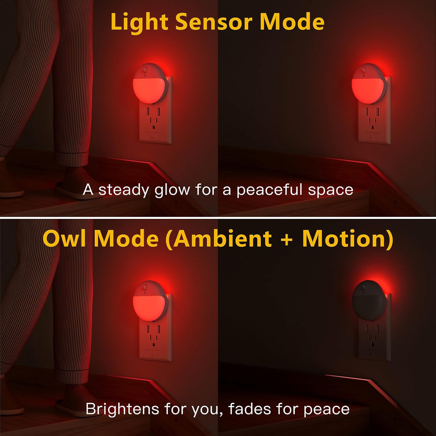 2 Pack Plug in Red Sleep Night Light with Motion Sensor and Dusk to Dawn Sensor, 3 Modes, Soft Glow, Stepless Dimming, LED Lights for Bedroom, Sleep, Baby Nursery, Kids, Toddler, Home Decor