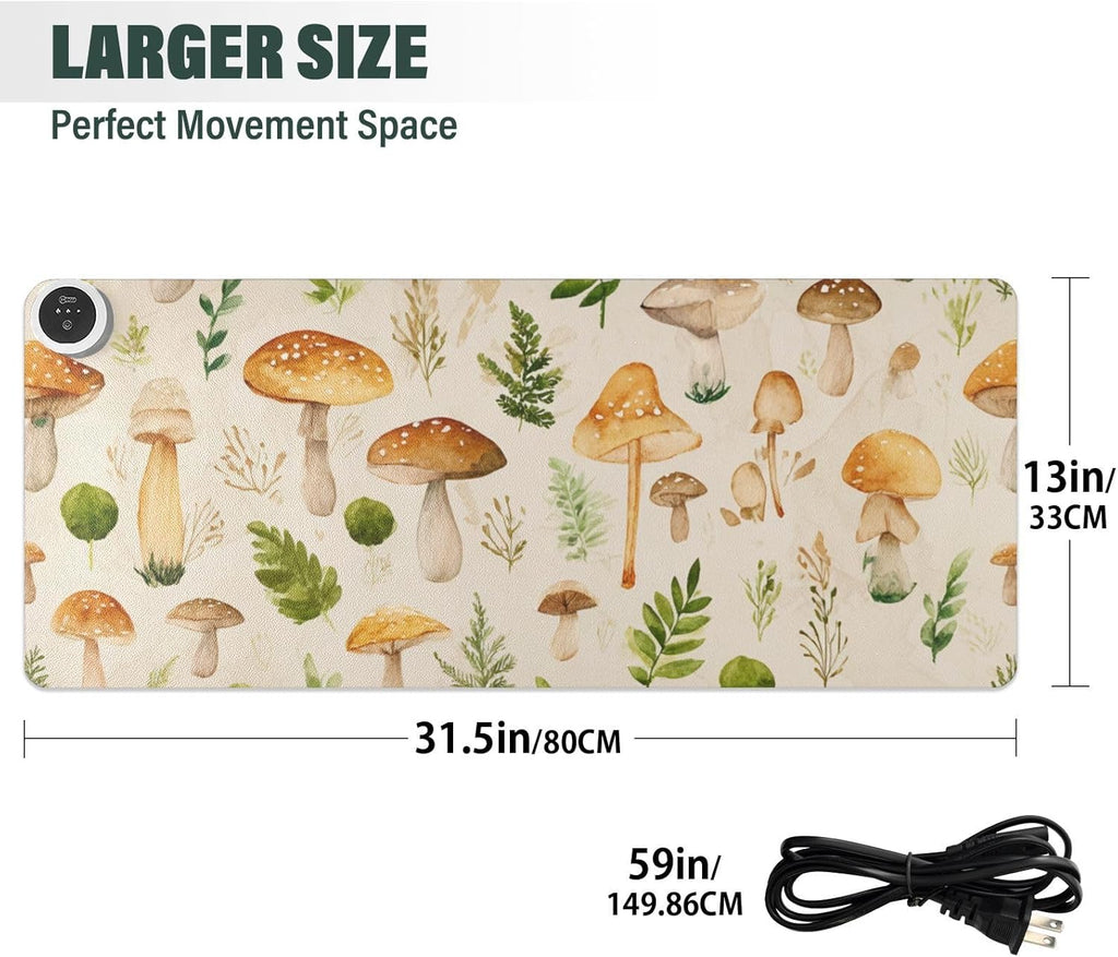Heated Desk Pad Mouse Pad 31.5x13 Inch PU Leather Desk Mat with 3 Heat Levels Large Mouse Gaming Computer Laptop Mat Watercolor Mushrooms Beige