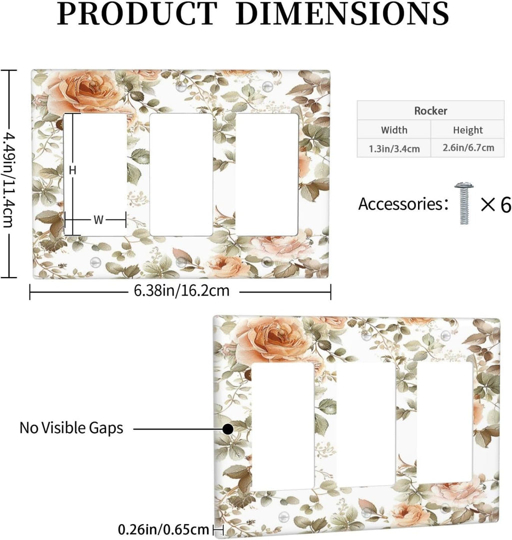 Light Switch Covers Vintage Warm Color Orange Flowers And Leaves 3 Gang Rocker Electrical GFCI Decorative Triple Outlet Wall Plate Cover Switchplate for Bedroom living Room Decor