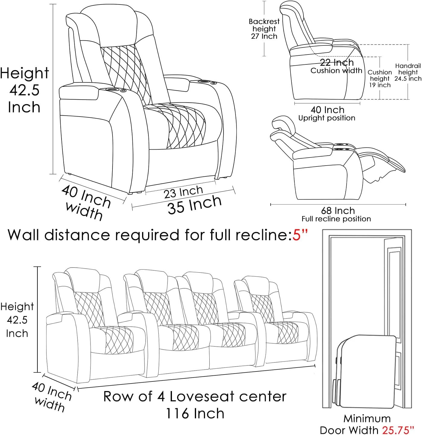 Weilianda Home Theater Seating Top Grain Leather Zero Gravity Recliner Chair Power Headrest Recline Movie Seat Gaming 7 Colors Mood Light Sofa with Tray Table USB Charge Row of 4 Loveseat Middle Brown