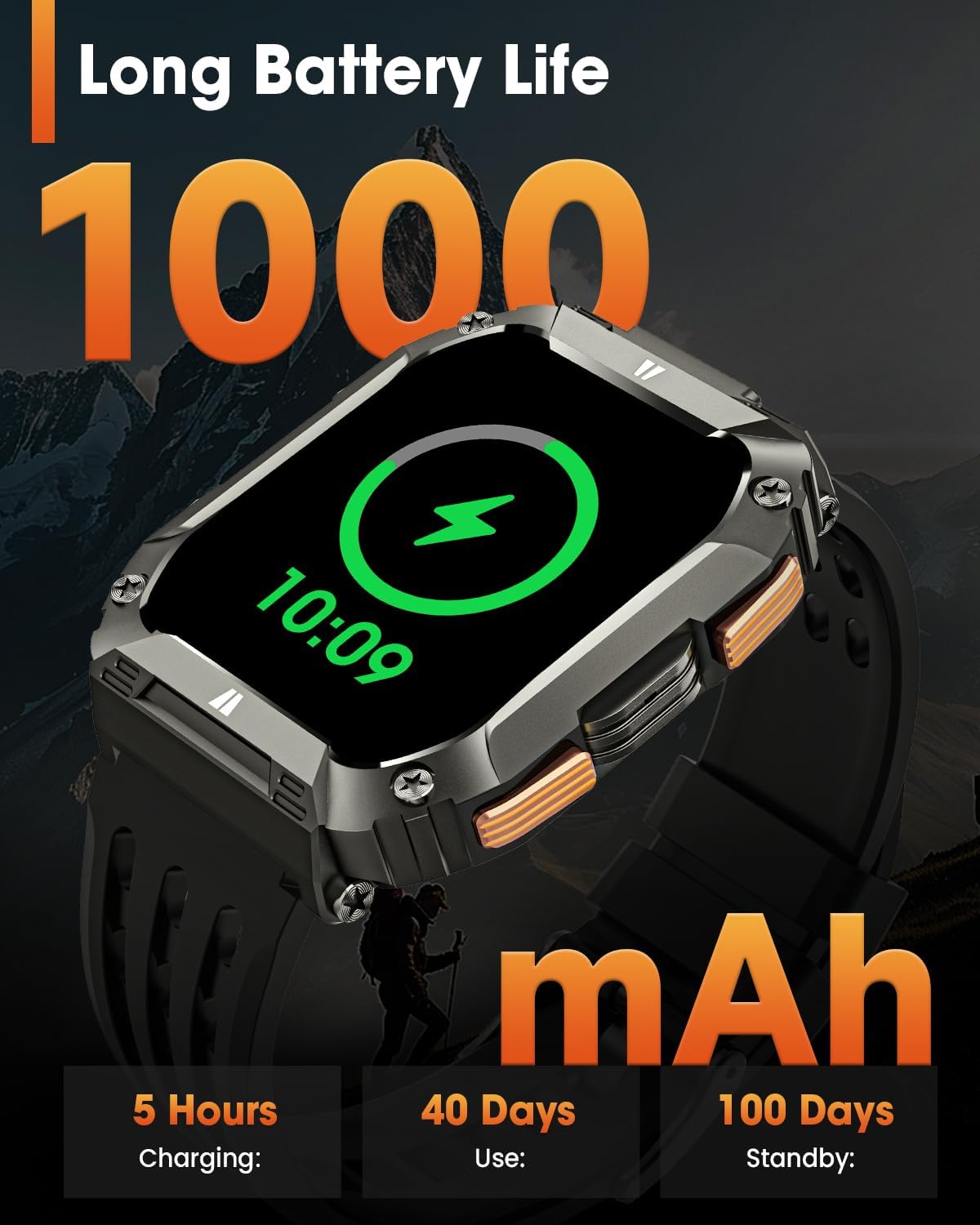 Smart Watches for Men, Military Smart Watch with 100 Days Battery/LED Flashlight, 1.95'' Fitness Watch with Heart Rate/ Sleep Monitor/100+ Sports Mode, 5 ATM Rugged Smartwatch for Android and iPhone