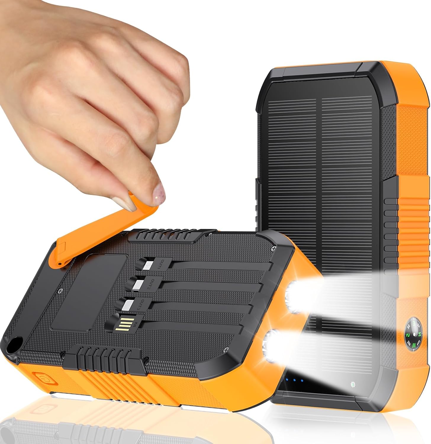Solar Charger Power Bank 66800mAh Built in Hand Crank and 4 Cables, 22.5W Fast Charging PowerBank 6 Outputs & 4 Inputs, Portable Charger with Camping Flashlights & Compass for Outdoor (Orange)