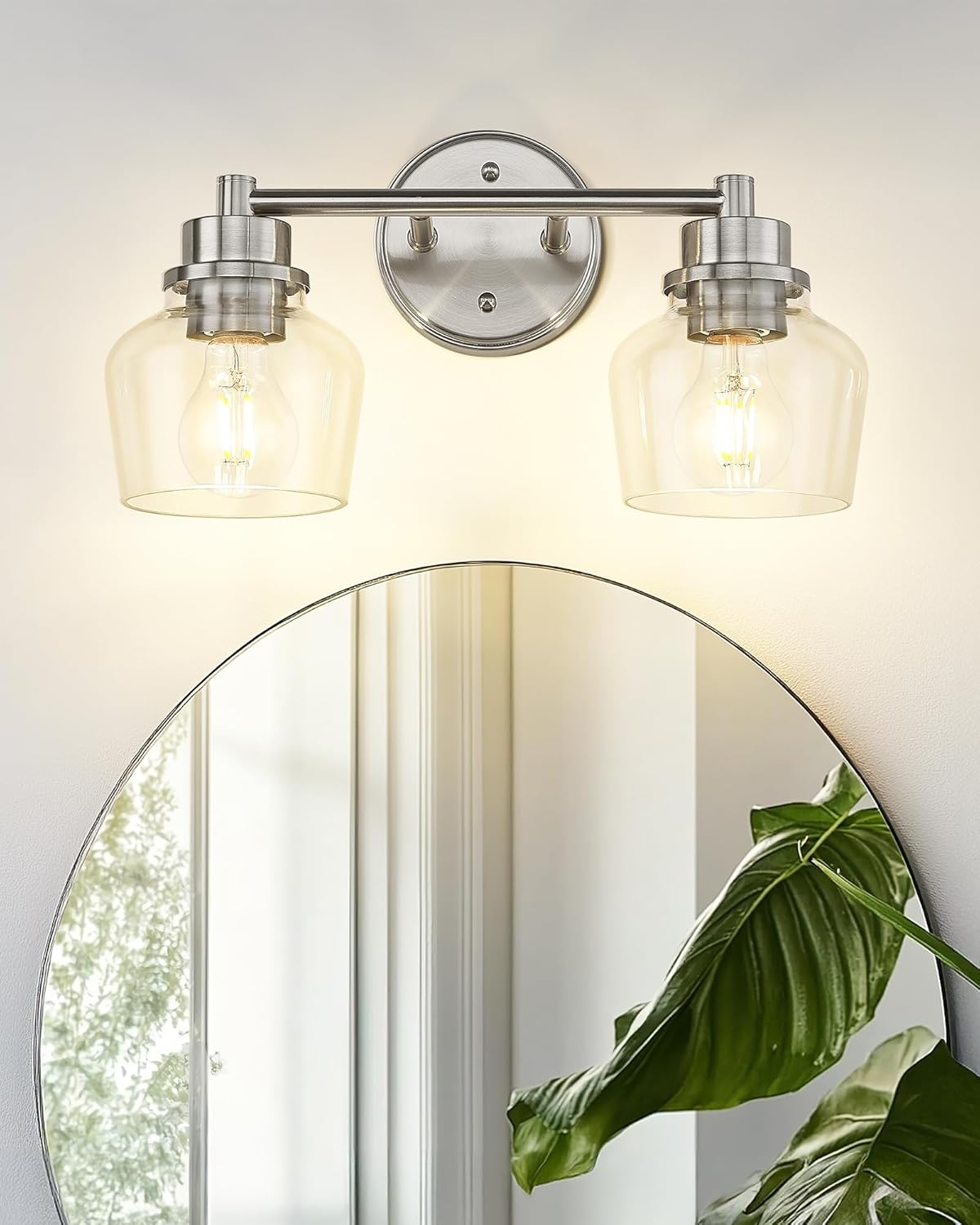 Emak 2-Light Vanity Lights, Brushed Nickel Bathroom Lights Over Mirror with Clear Glass Shade, Modern Bathroom Wall Sconces, VL122-BN-CG-2