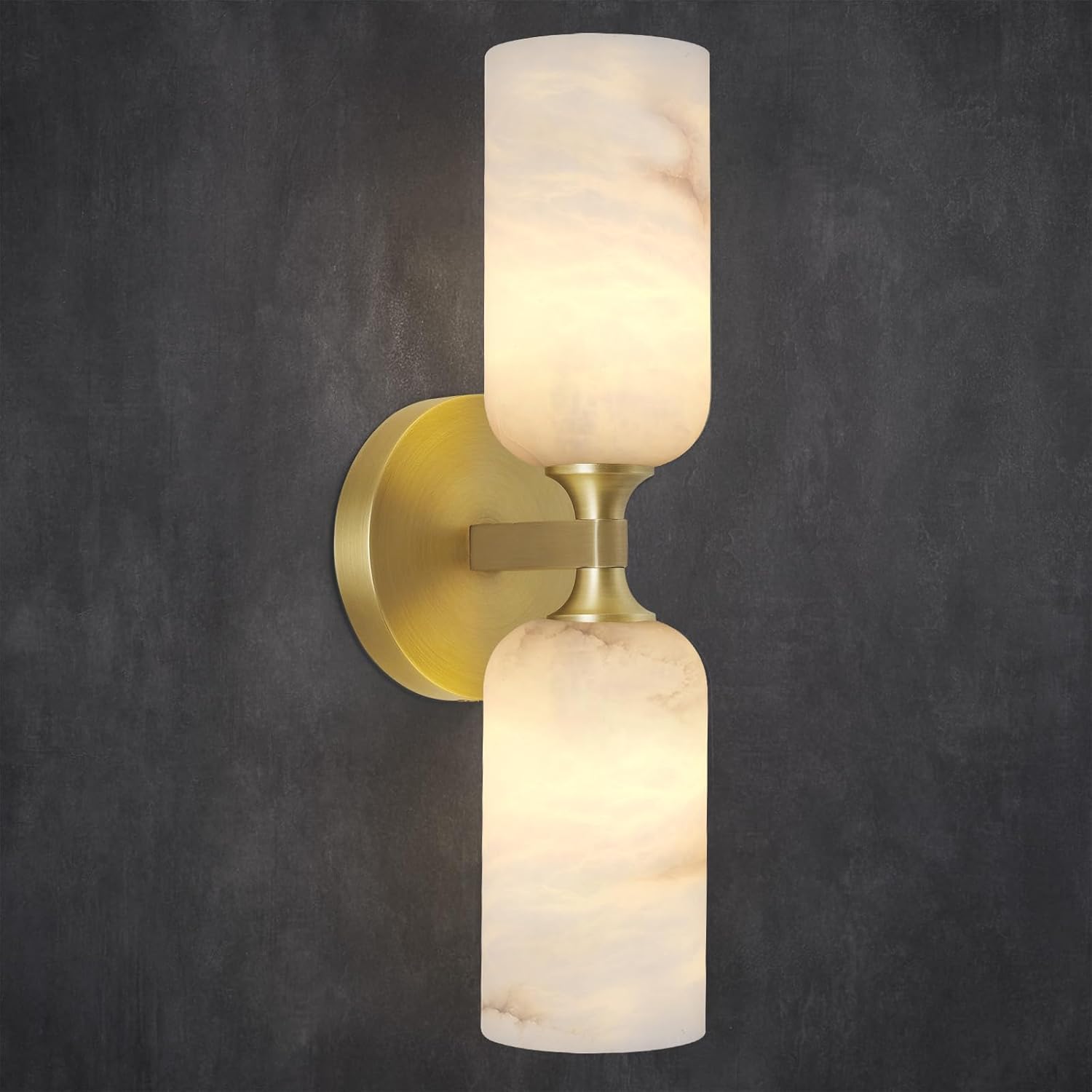 Alabaster Wall Sconces, 14" Modern Spanish Natural Marble Vanity Light, Dimmable Hardwired Brass Gold Wall Sconce Lighting for Bathroom Mirror, Bedroom, Living Room, Luxury Natural Stone Wall Fixtures