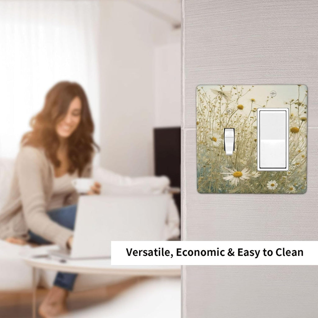 White Wildflowers Daisy Vintage Floral Outlet Covers 1 Toggle 1 Rocker Combination Decorative Wall Plate Electrical Switch Plates Light Switch Cover Plate for Bed Room Living Room Decor