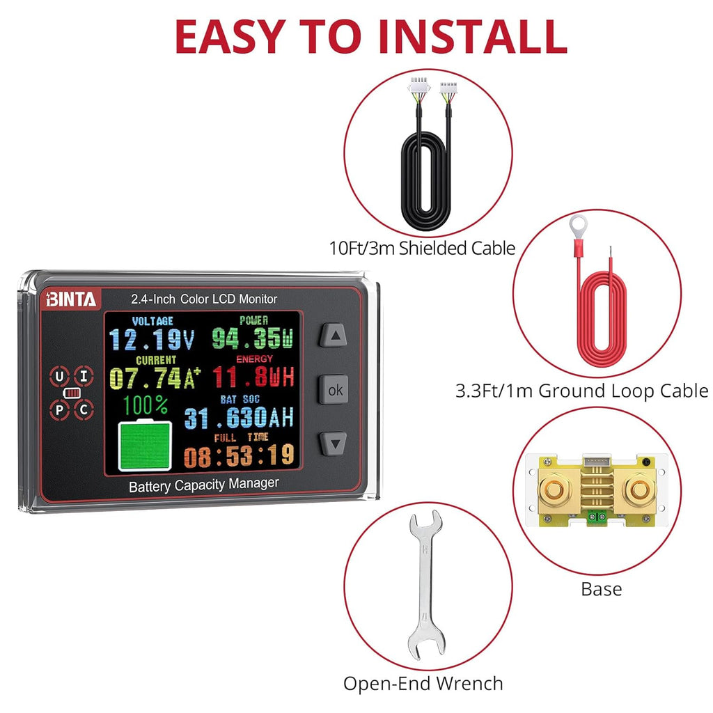 BINTA 500A Battery Monitor Shunt 8-100V 2.4 Inch Color Screen for Lifepo4 Lithium Sealed Gel Flooded Batteries, Backlight Waterproof Battery Monitor with Sliding Cover for Car RV Golf Cart Solar Panel