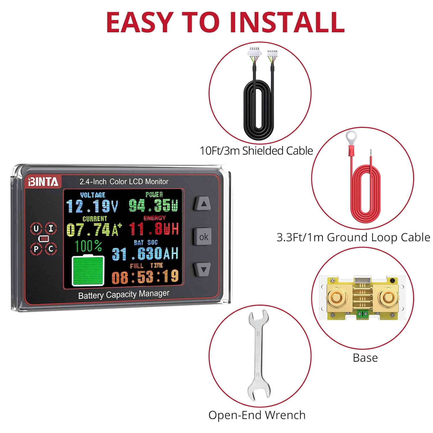 BINTA 500A Battery Monitor Shunt 8-100V 2.4 Inch Color Screen for Lifepo4 Lithium Sealed Gel Flooded Batteries, Backlight Waterproof Battery Monitor with Sliding Cover for Car RV Golf Cart Solar Panel