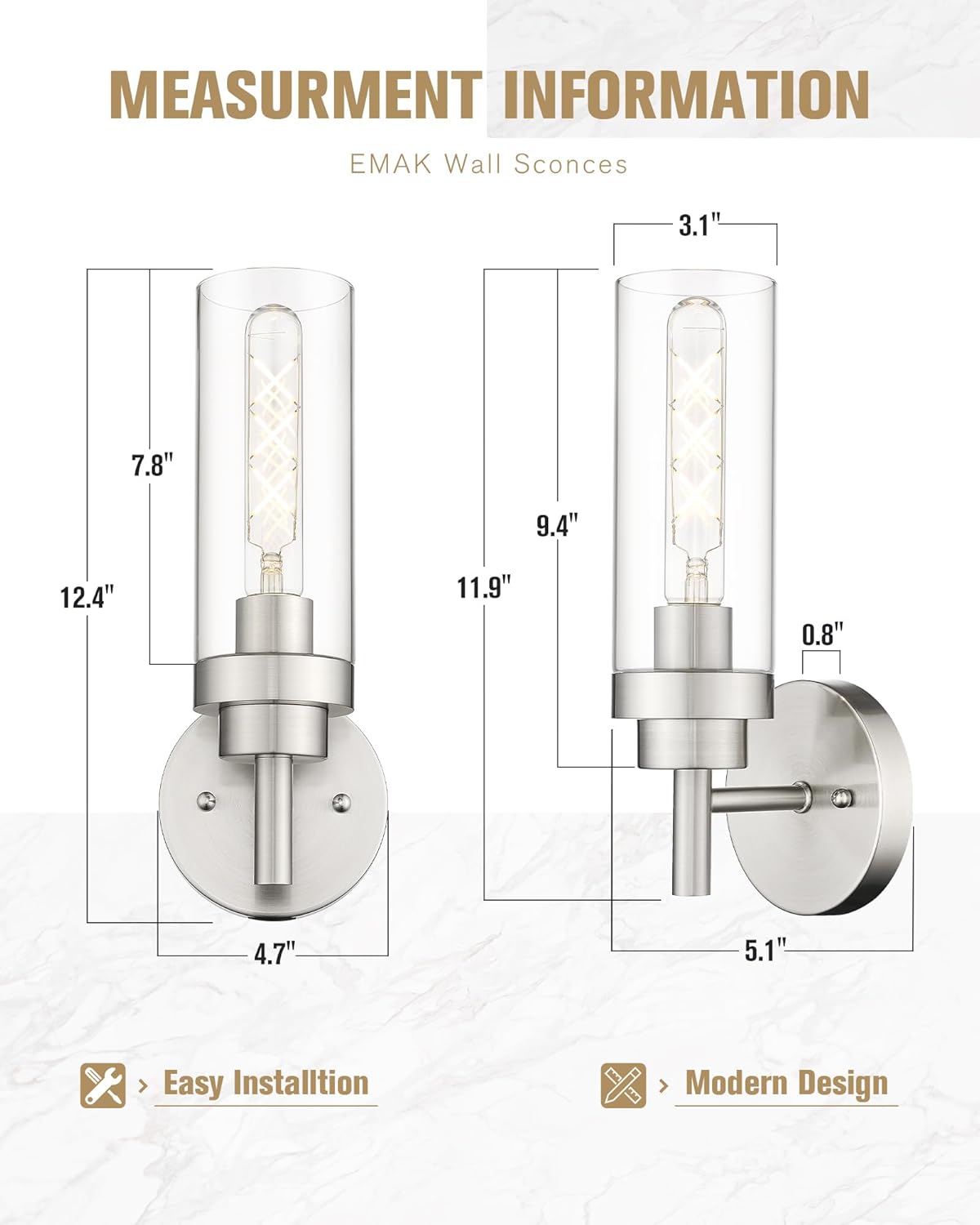 Emak Brushed Nickel Wall Sconce Light, Modern Bathroom Light Fixtures with Clear Glass Shade, 1 Light Wall Lights for Bedroom, Bathroom, Living Room, WS085-BN
