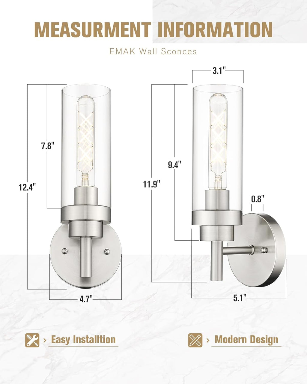 Emak Modern Wall Lights, Brushed Nickel Wall Sconces Set of 2, Bathroom Vanity Light with Clear Glass Shade for Bathroom, Bedroom, Living Room, Hallway, WS085-BN-2PK