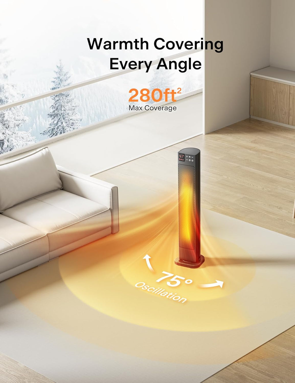 PELONIS 30” Ceramic Tower Space Heater with Adjustable Thermostat for Large Room, 75° Oscillation, Remote Control & 12H Timer, Tip-Over Switch & Overheating Protection, 1500W, PHF15RSAPH30, Black